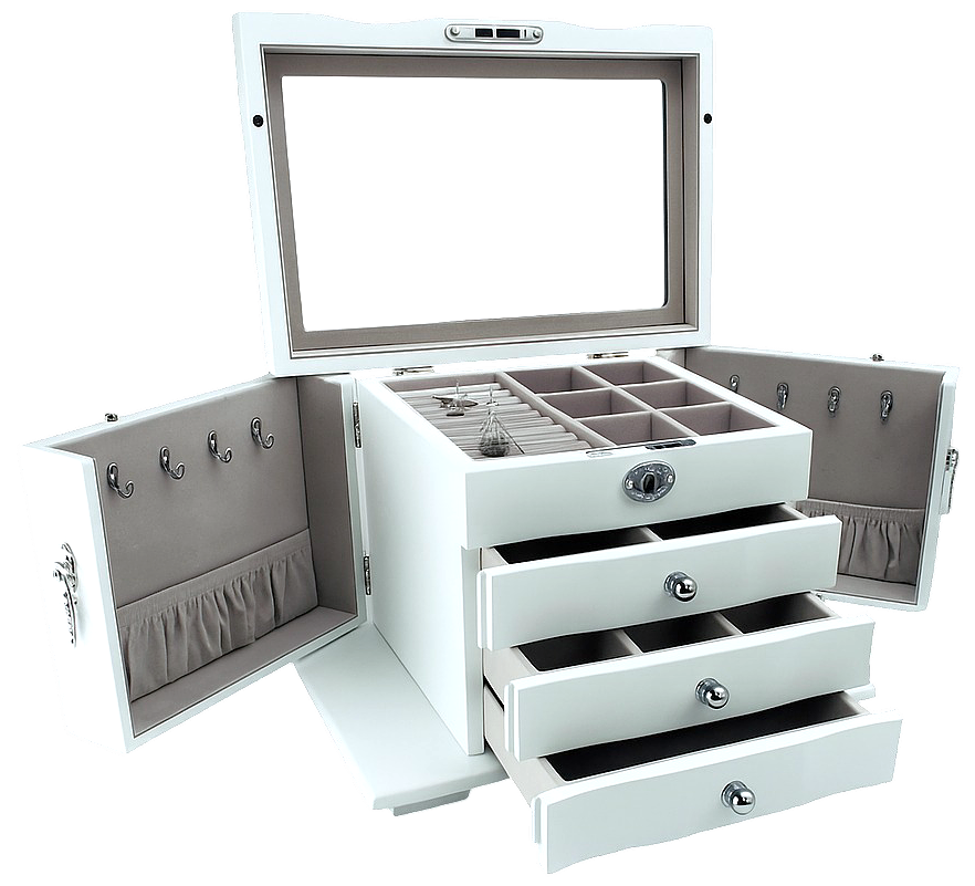 Matte White Jewellery Box, 3-Drawer and 2-Side Panels L28cm