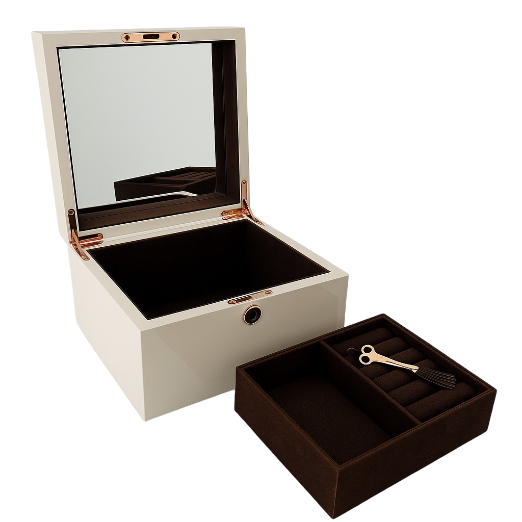Open taupe jewelry box with a mirror on top and compartments below on a white background