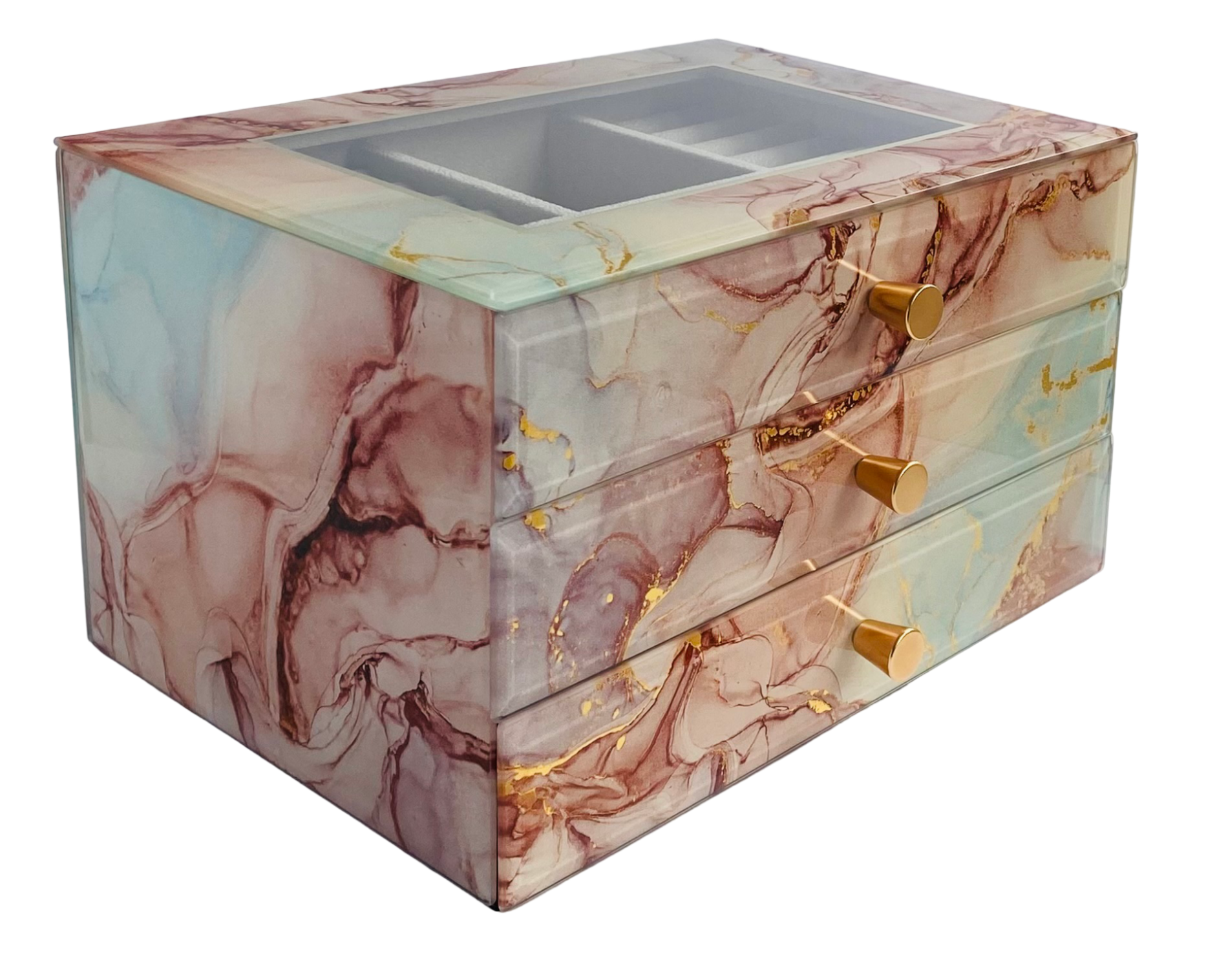 Coral Marble Glass 3-Drawer Jewellery Box L26cm