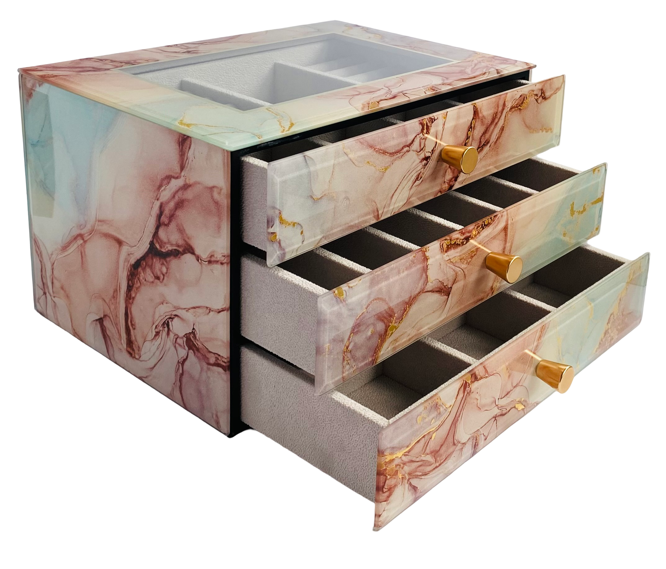 Coral Marble Glass 3-Drawer Jewellery Box L26cm