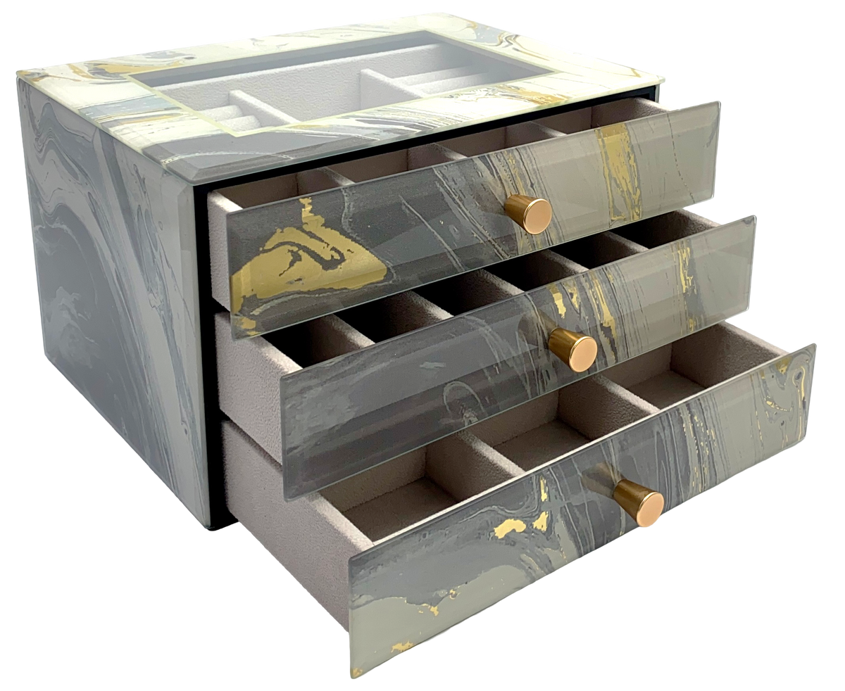 Grey Marble Glass 3-Drawer Jewellery Box L26cm