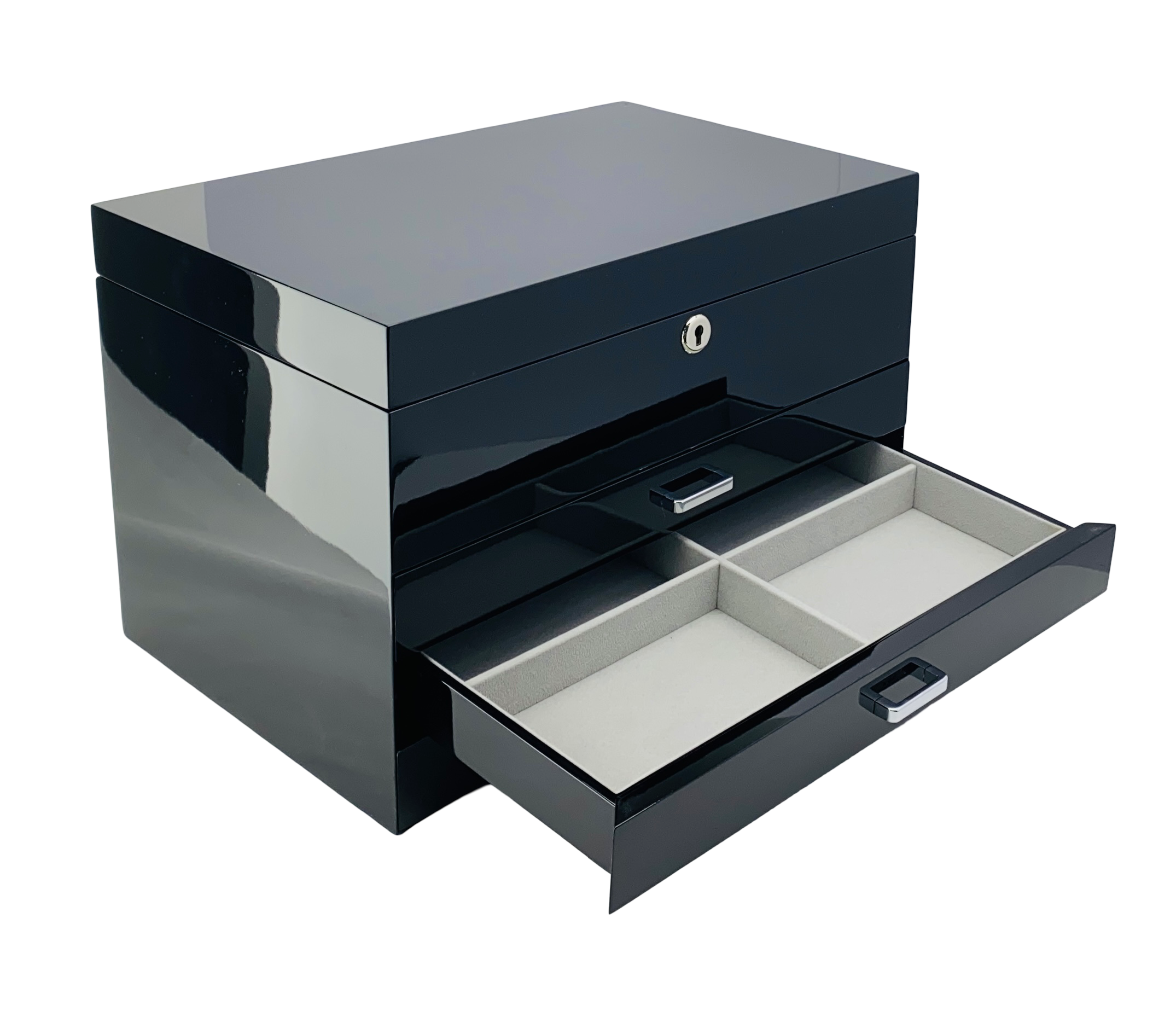 Very Large Black High Gloss 3-Drawer Wooden Jewellery Box with Liftout Tray L35cm