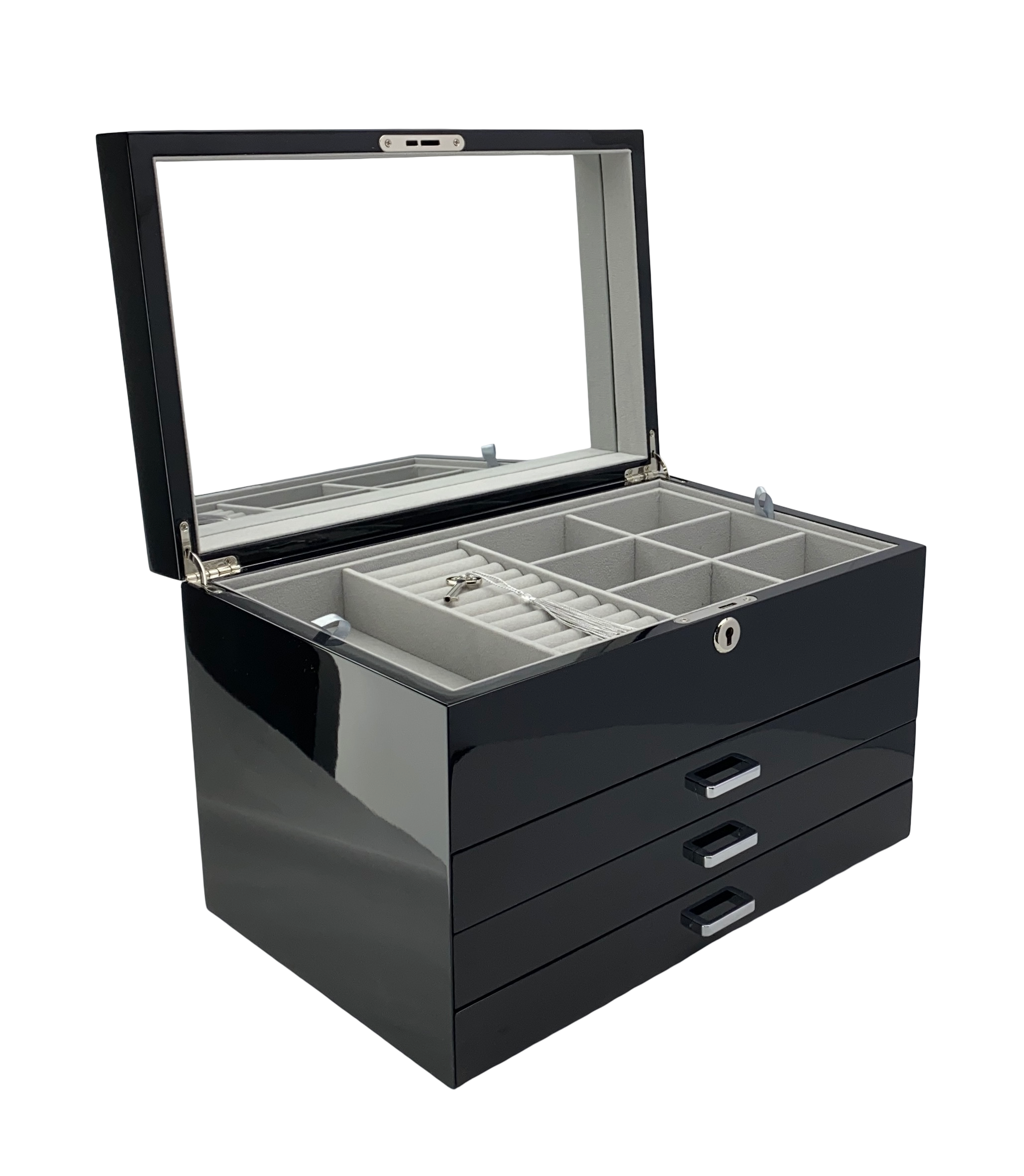 Very Large Black High Gloss 3-Drawer Wooden Jewellery Box with Liftout Tray L35cm