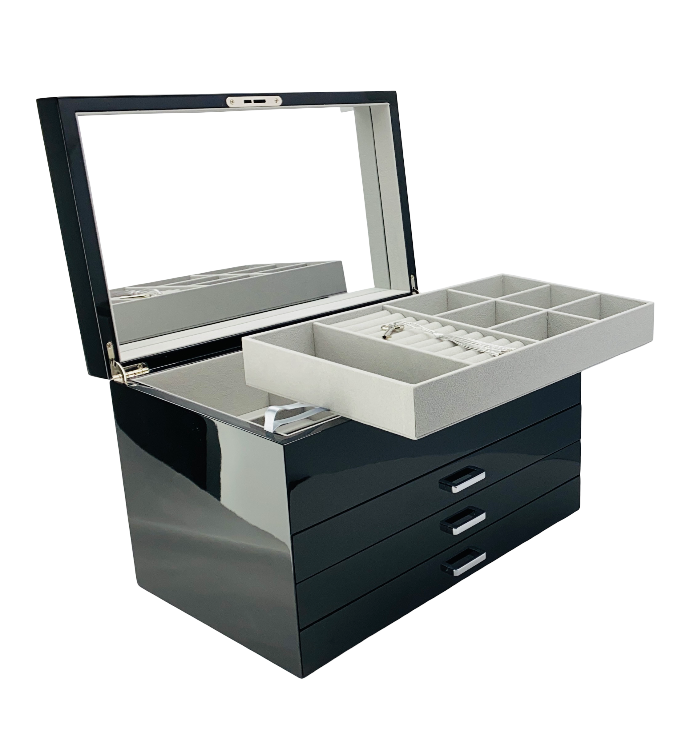 Very Large Black High Gloss 3-Drawer Wooden Jewellery Box with Liftout Tray L35cm