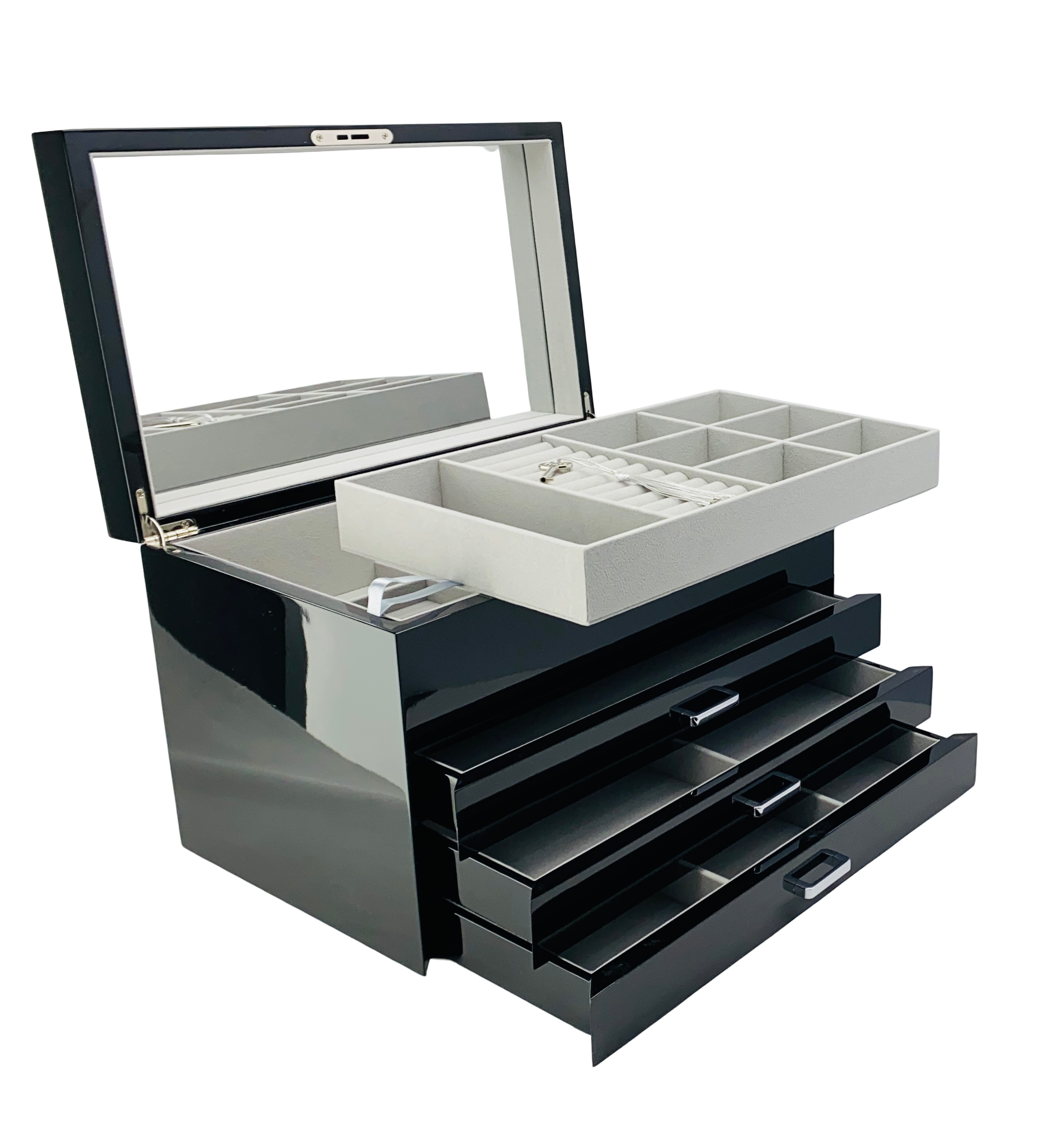 Very Large Black High Gloss 3-Drawer Wooden Jewellery Box with Liftout Tray L35cm