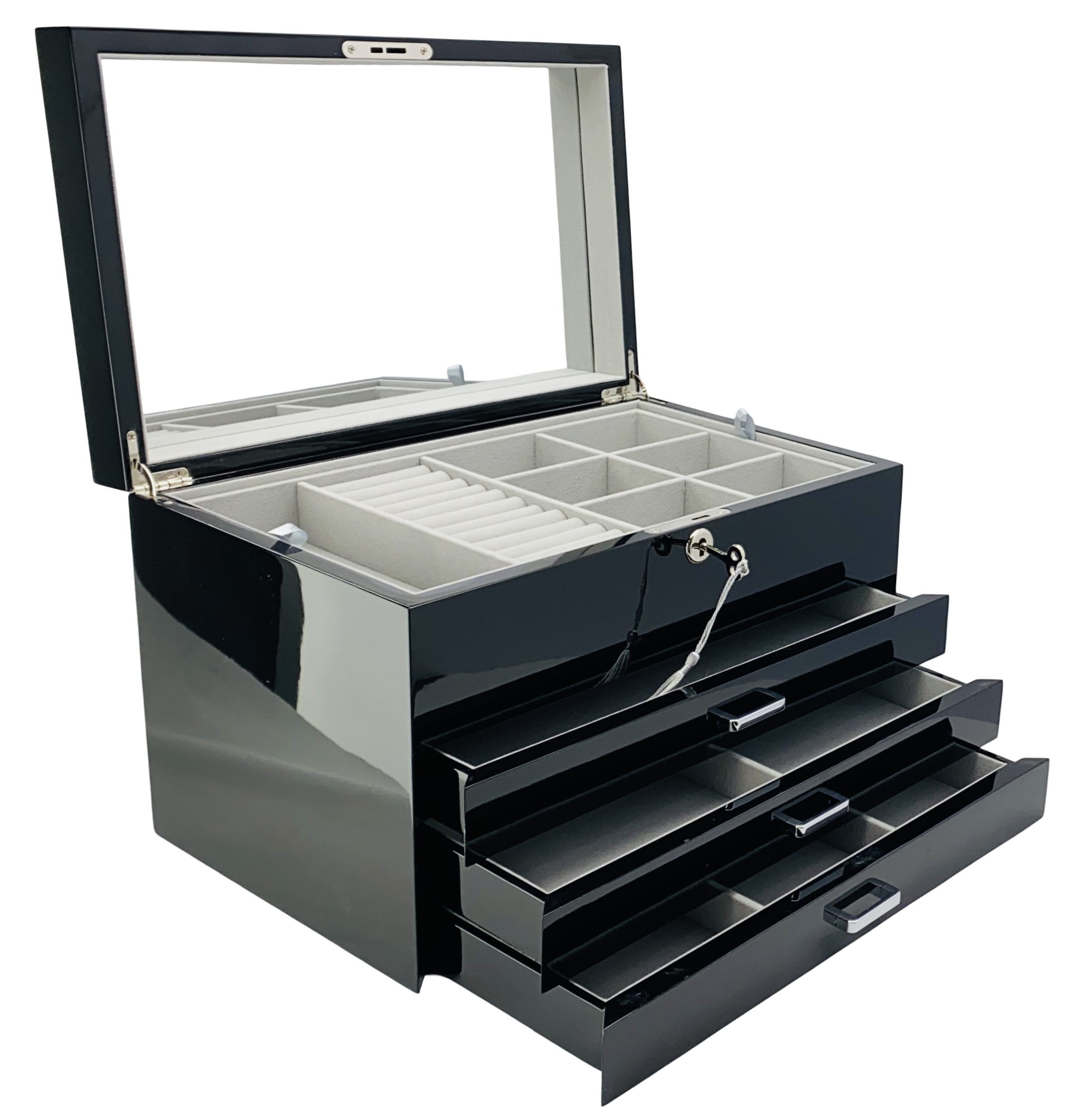 Very Large Black High Gloss 3-Drawer Wooden Jewellery Box with Liftout Tray L35cm