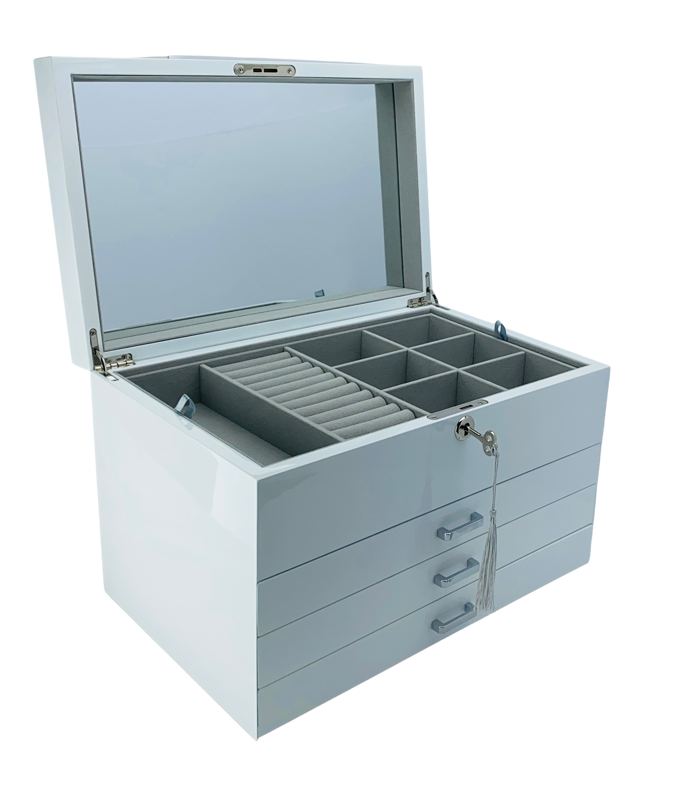 Very Large White High Gloss 3-Drawer Wooden Jewellery Box with Liftout Tray L35cm