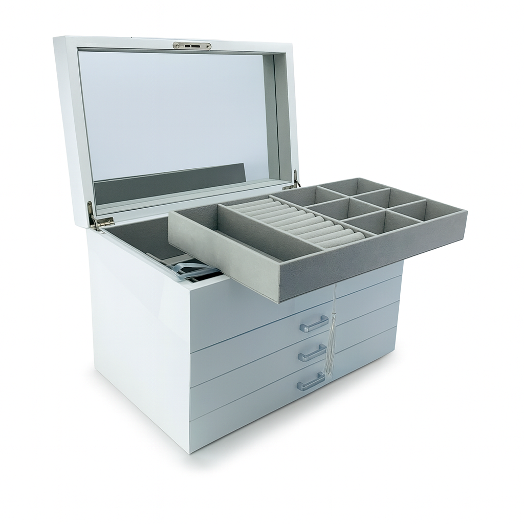 Very Large White High Gloss 3-Drawer Wooden Jewellery Box with Liftout Tray L35cm