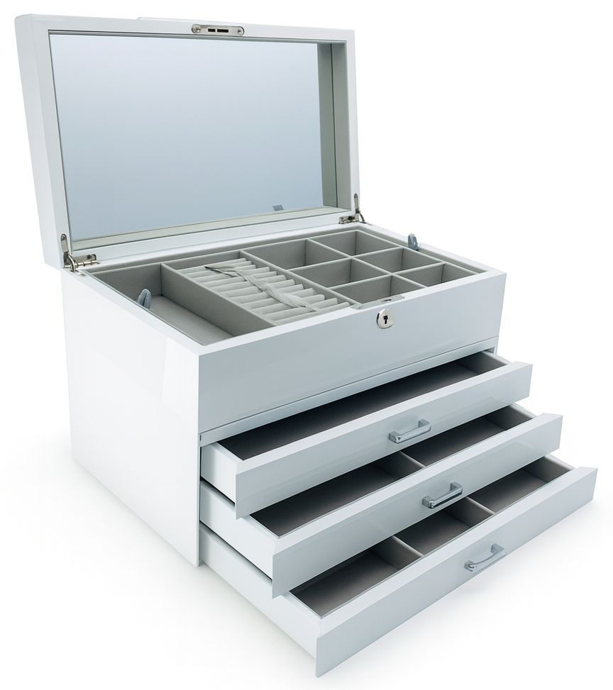 Very Large White High Gloss 3-Drawer Wooden Jewellery Box with Liftout Tray L35cm