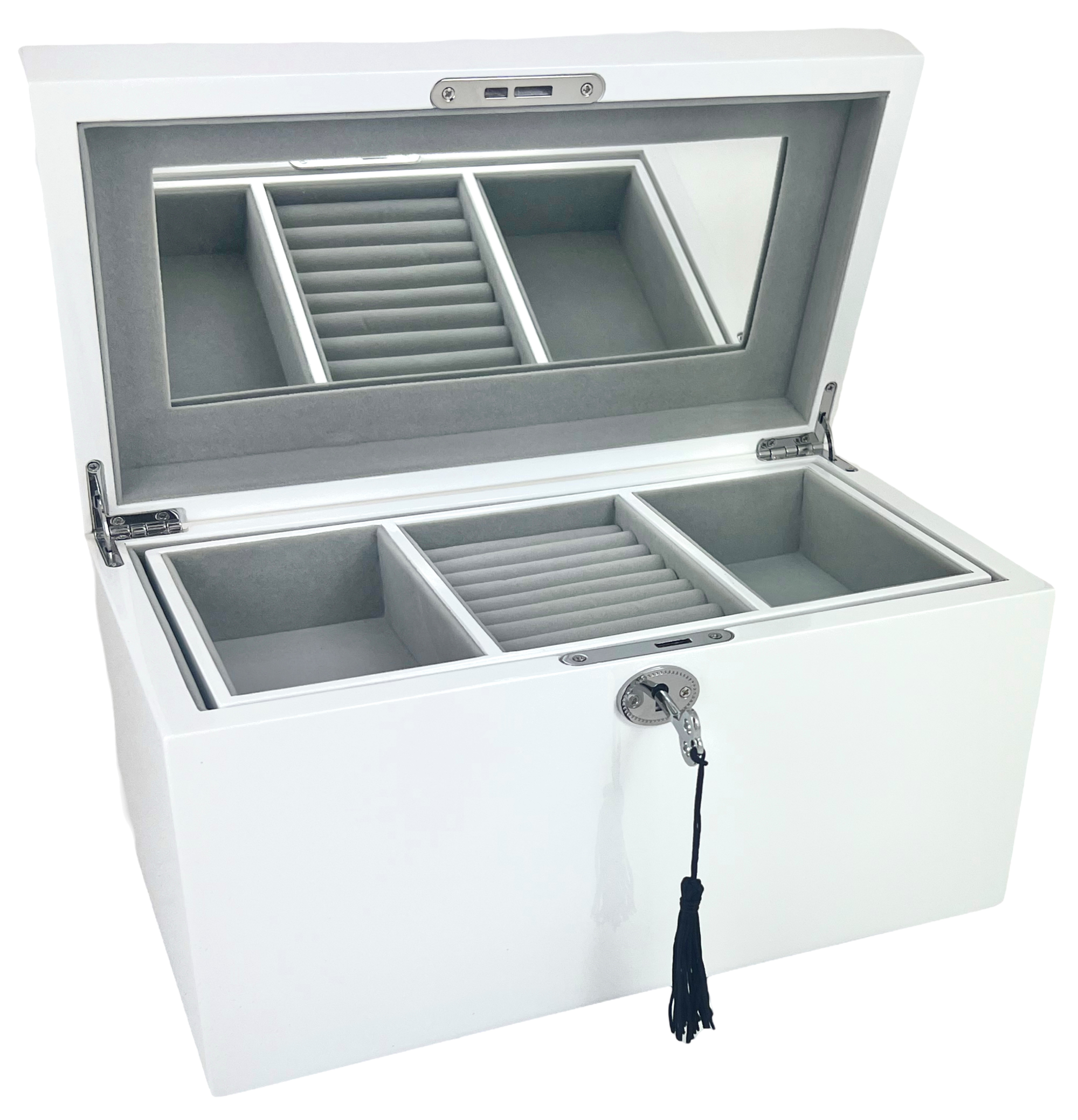 White High Gloss Wood Jewellery Box, Length 30cm