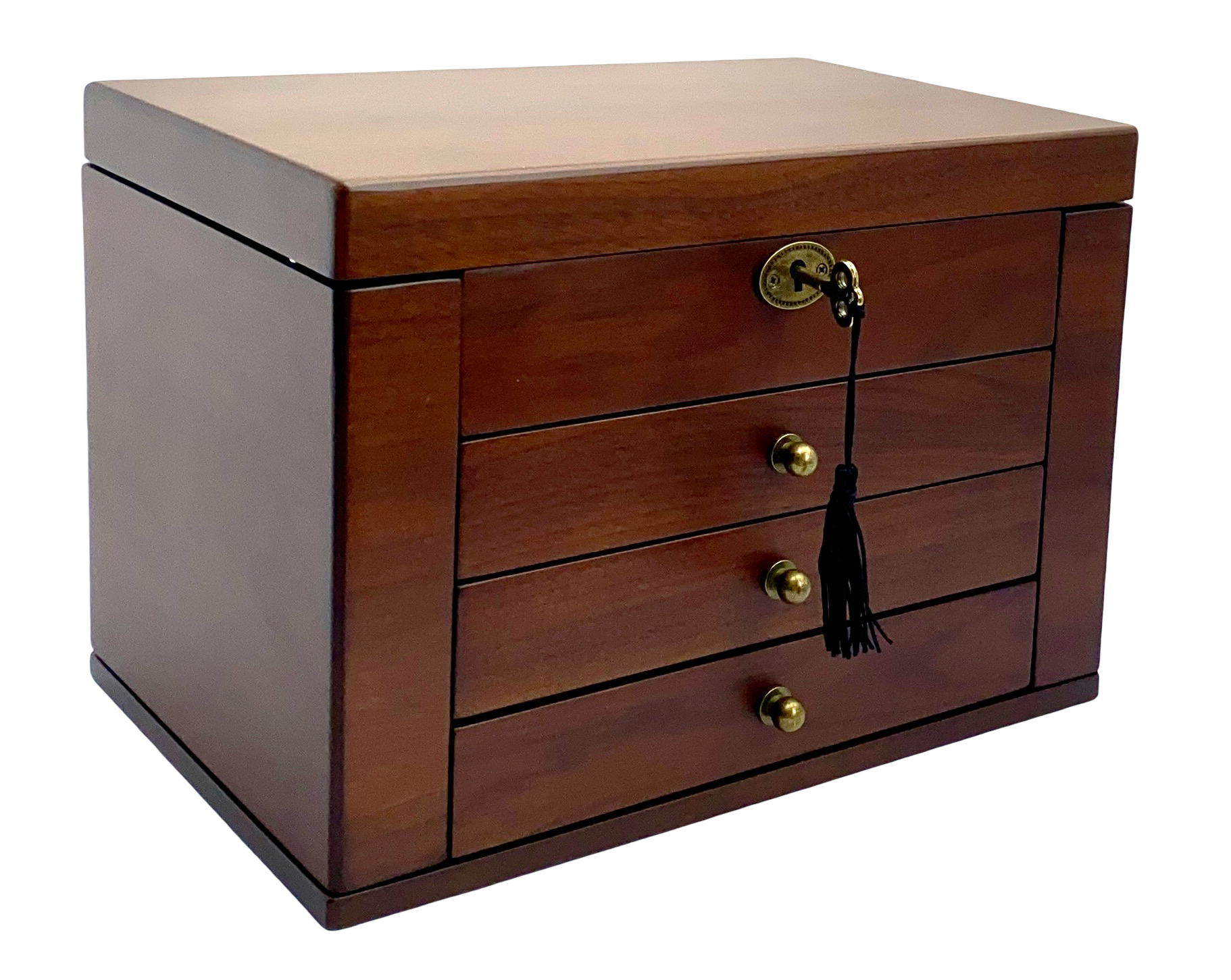 European Walnut Matte Finish Wood Jewellery Box, Side Panels L29cm