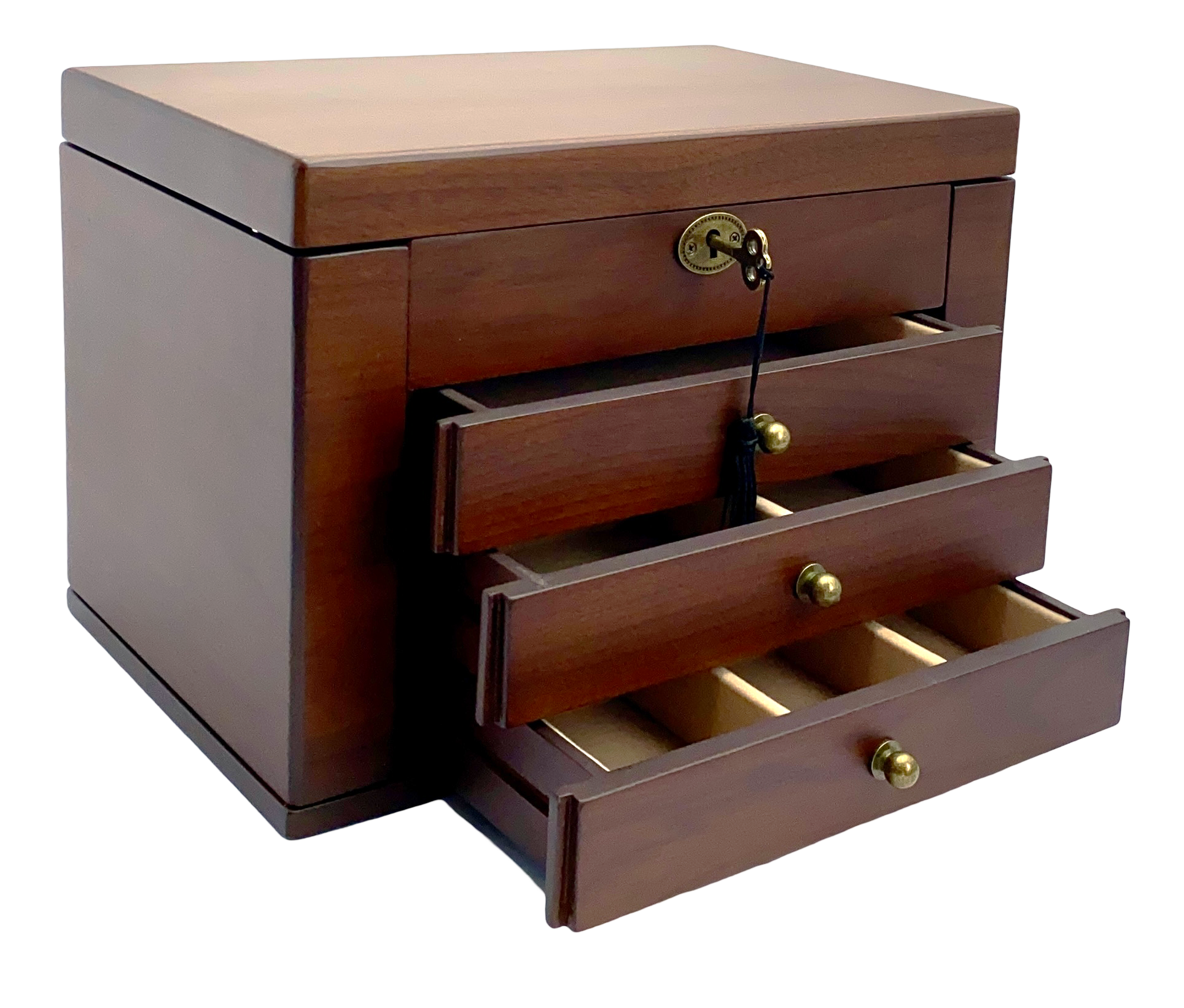 European Walnut Matte Finish Wood Jewellery Box, Side Panels L29cm