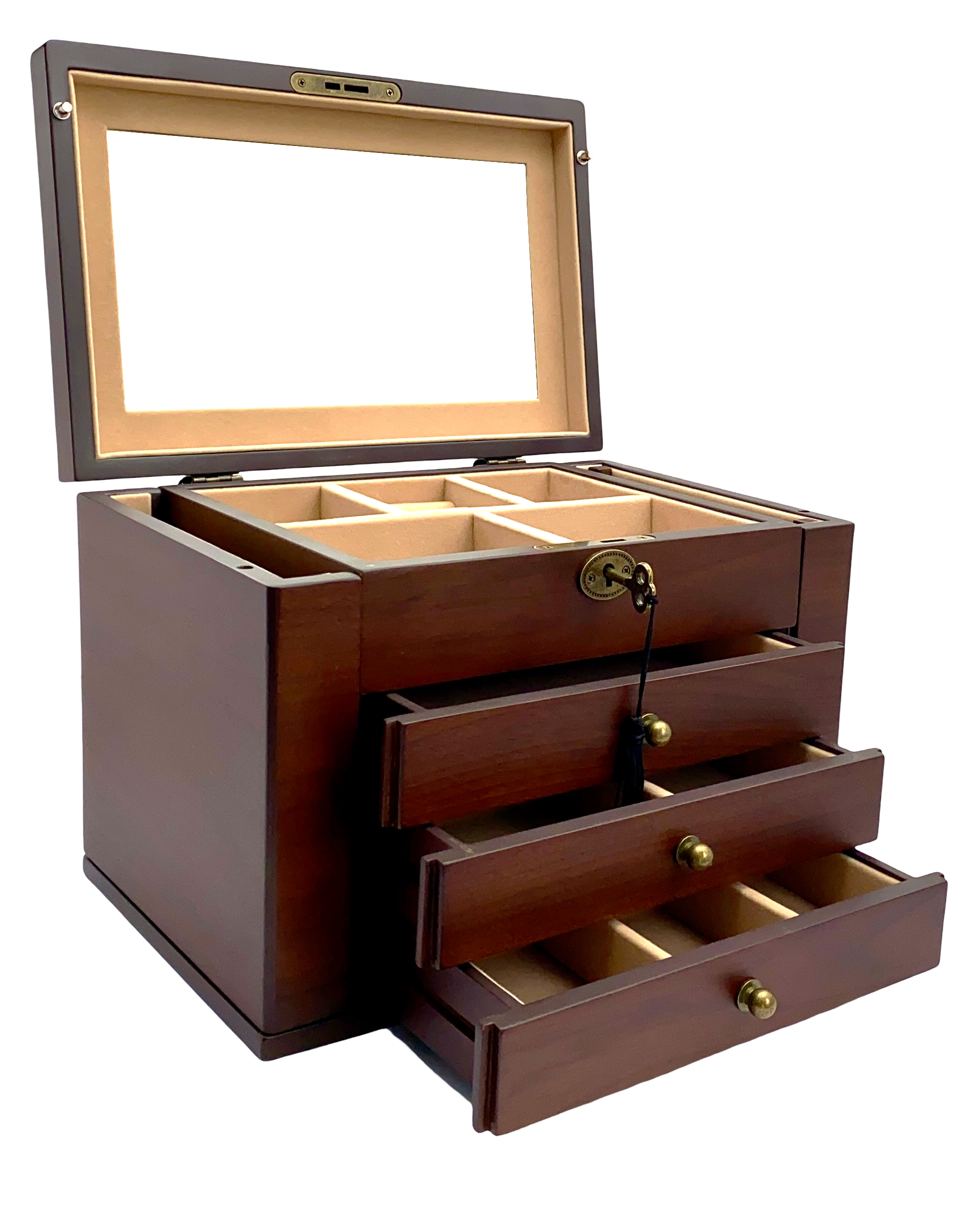 European Walnut Matte Finish Wood Jewellery Box, Side Panels L29cm