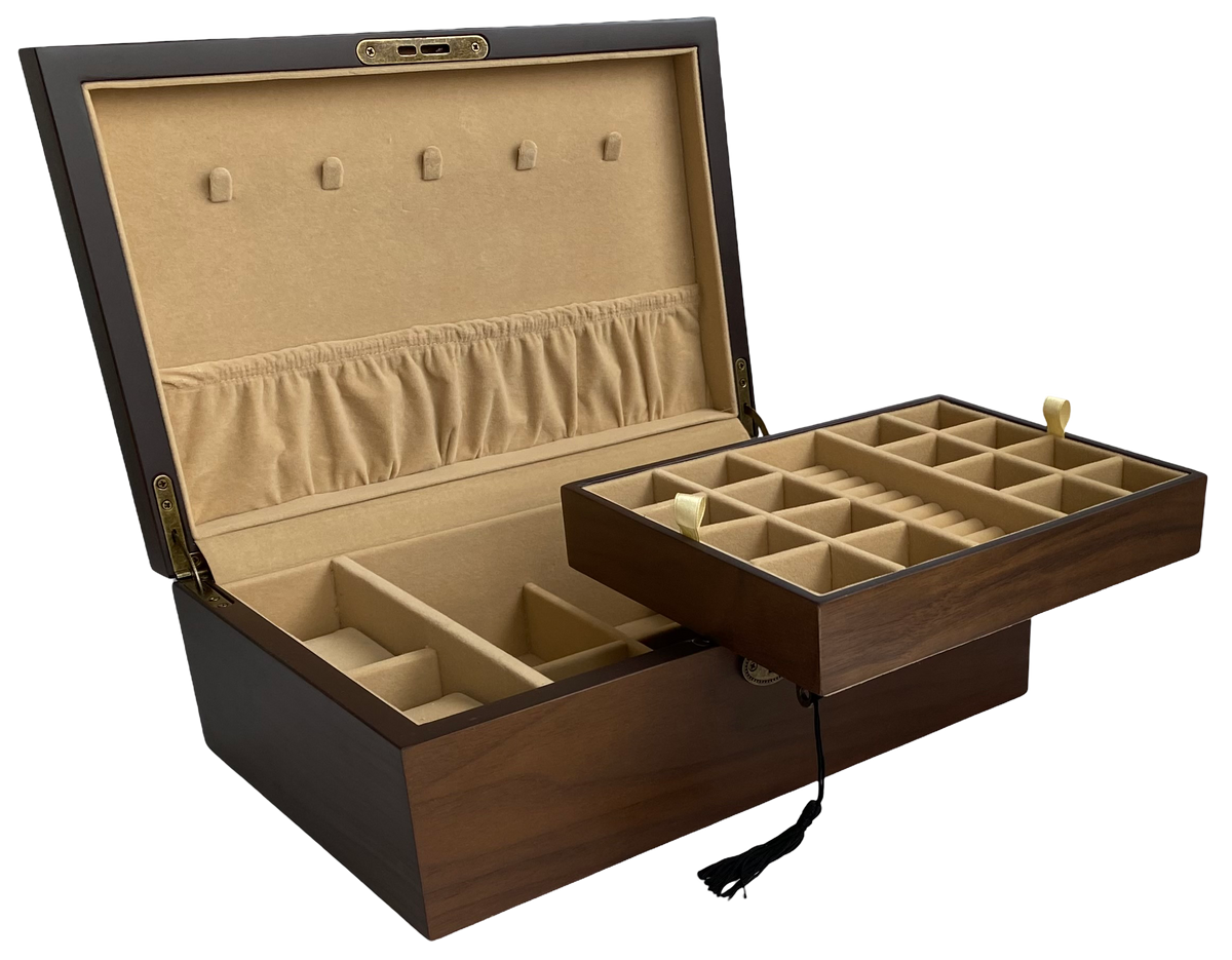 European Walnut Matte Finish Jewellery Box with Liftout Tray – 30cm