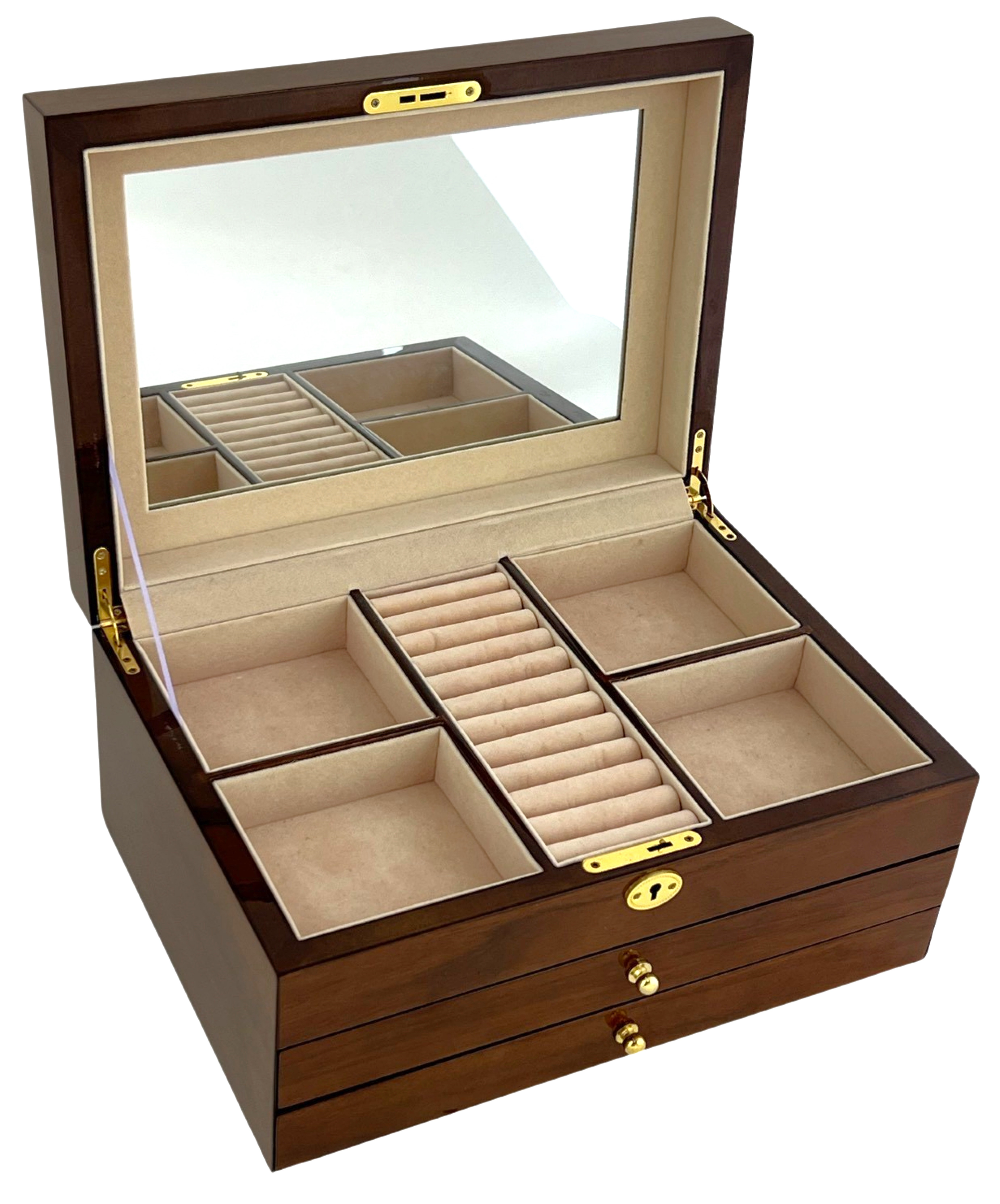 European Walnut High Gloss Wooden Jewellery Box, Length 38cm