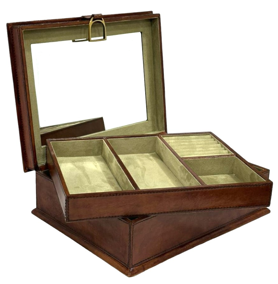 Tan Buffalo Leather Jewellery Box, Length 36cm, Stirrup Clasp