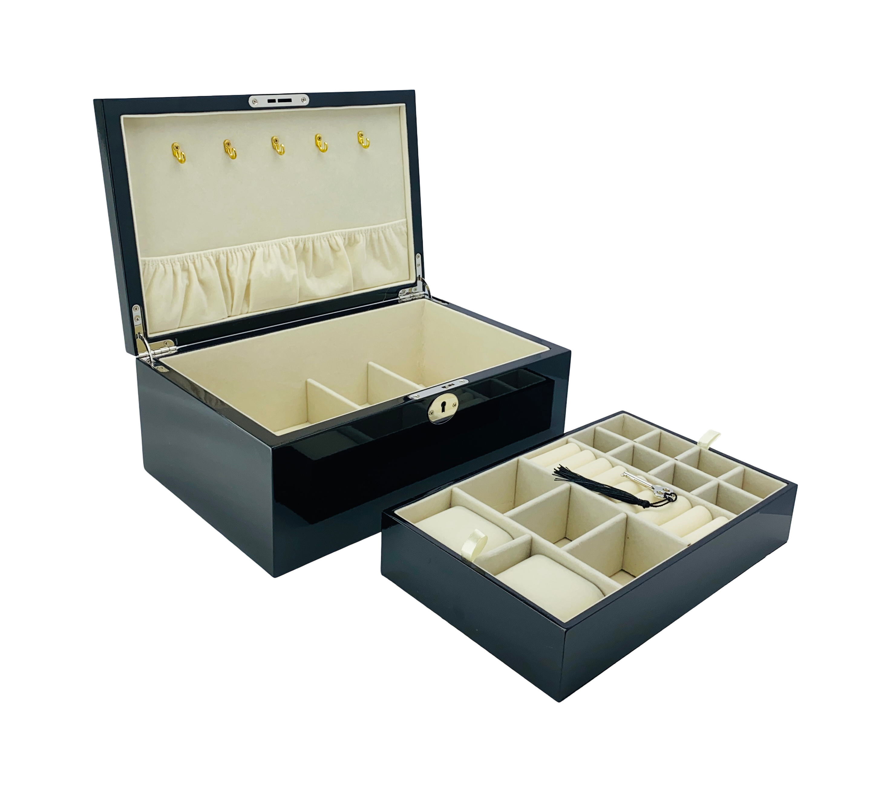 Black High Gloss Wood Jewellery Box with Full-Size Liftout Tray L30cm
