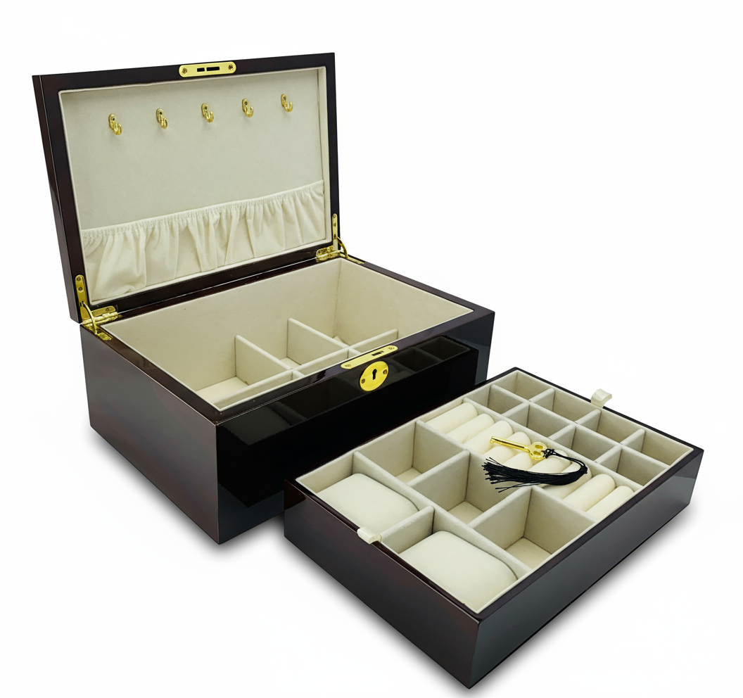 European Walnut High Gloss Finish Wood Jewellery Box with Full-Size Liftout Tray L30cm