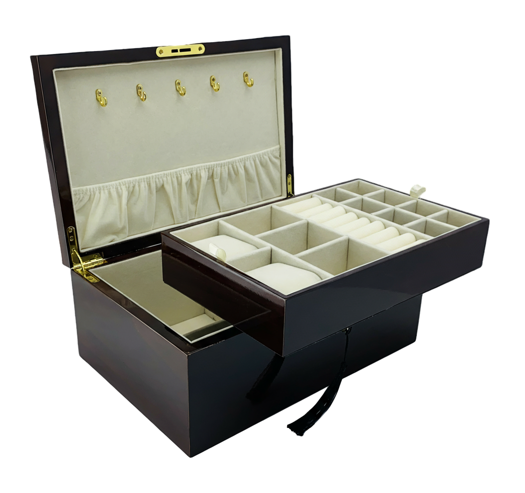 European Walnut High Gloss Finish Wood Jewellery Box with Full-Size Liftout Tray L30cm