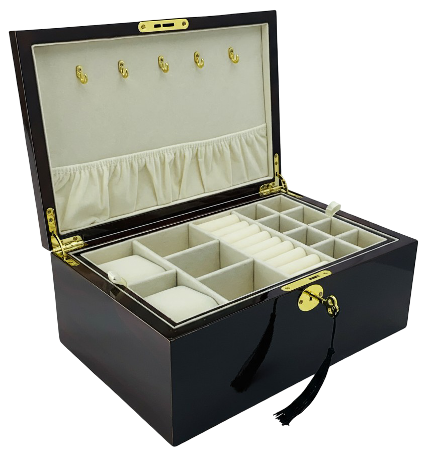 European Walnut High Gloss Finish Wood Jewellery Box with Full-Size Liftout Tray L30cm