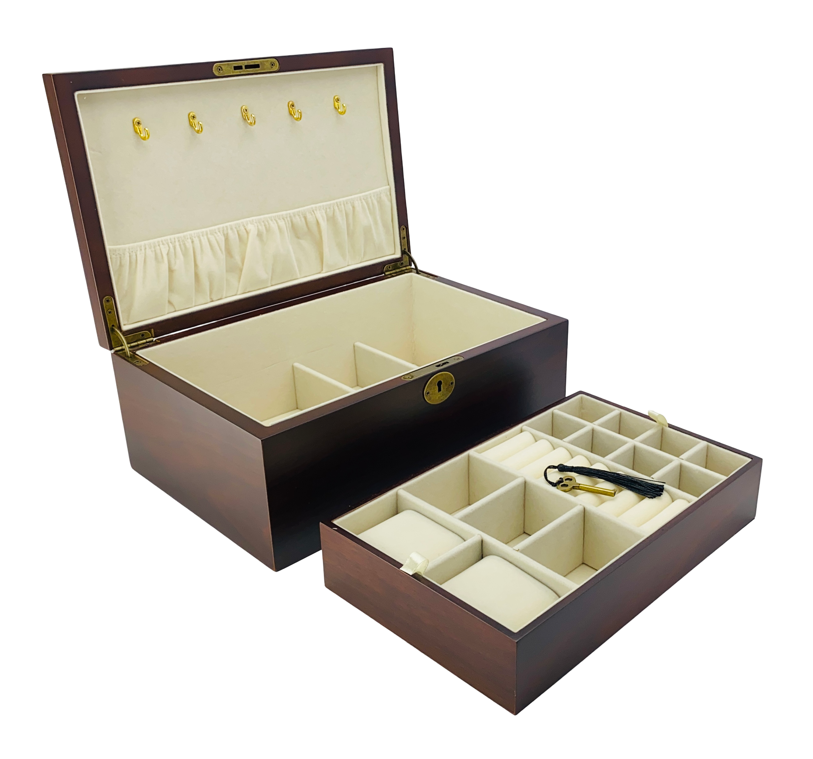 European Walnut Matte Finish Wood Jewellery Box with Full-Size Liftout Tray L30cm