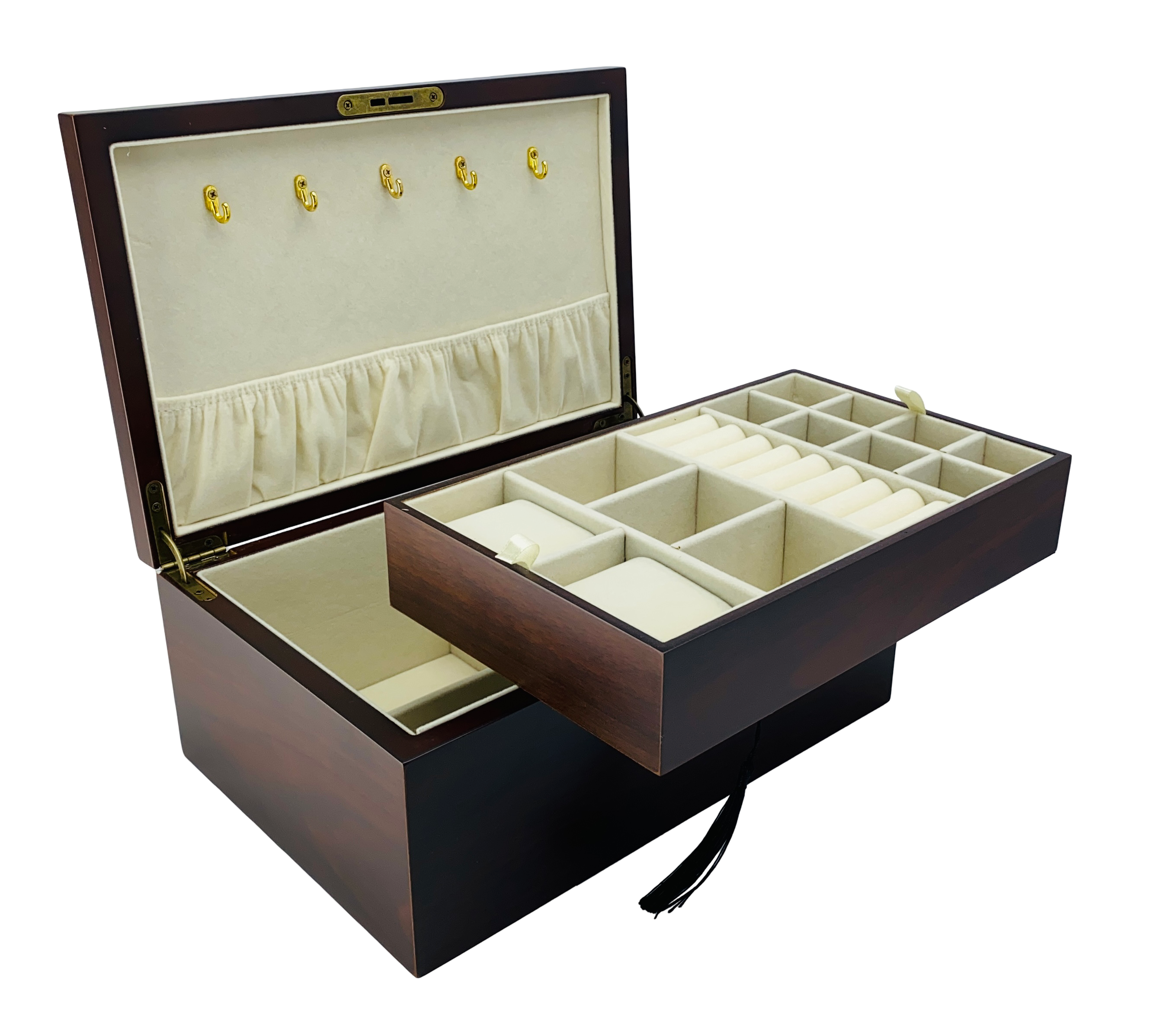 European Walnut Matte Finish Wood Jewellery Box with Full-Size Liftout Tray L30cm