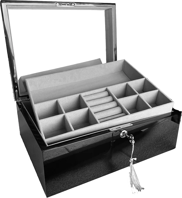 Black High Gloss Wood Jewellery Box, Length 35cm