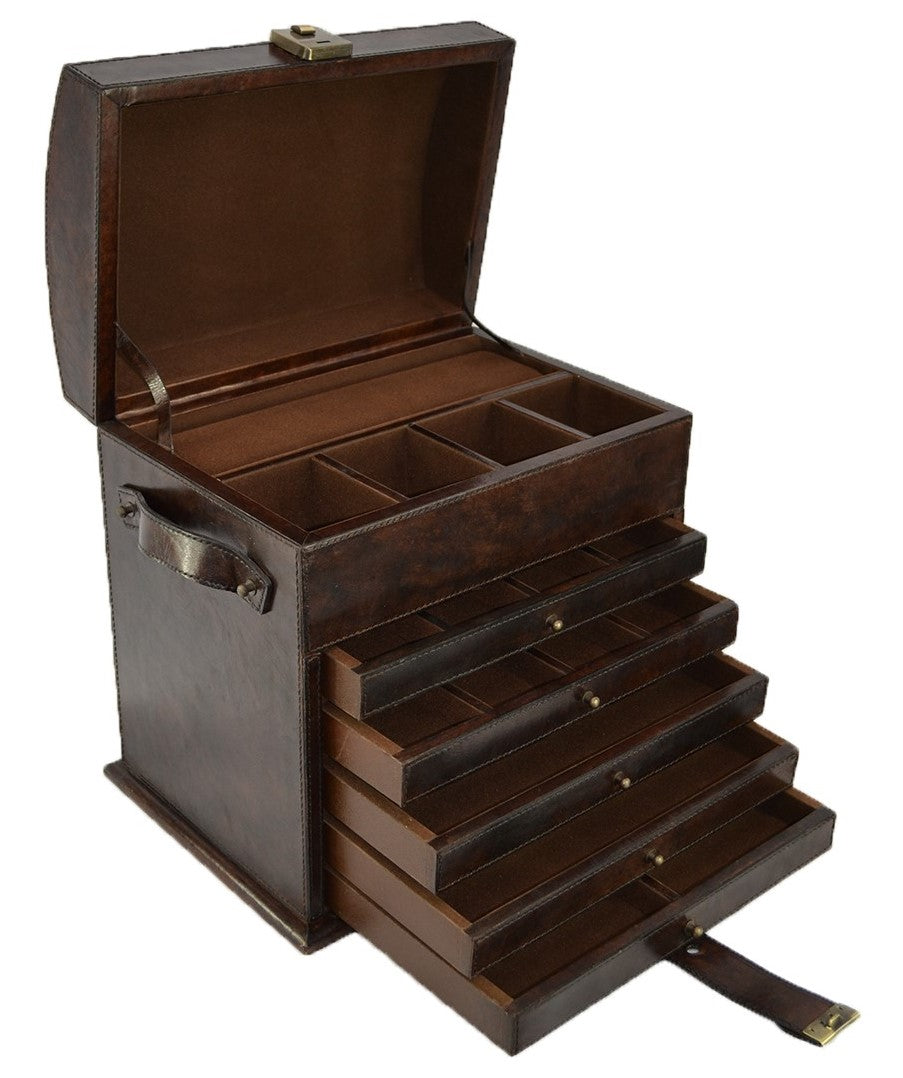 Very Large Dark Brown Buffalo Leather Jewellery Box L25cm