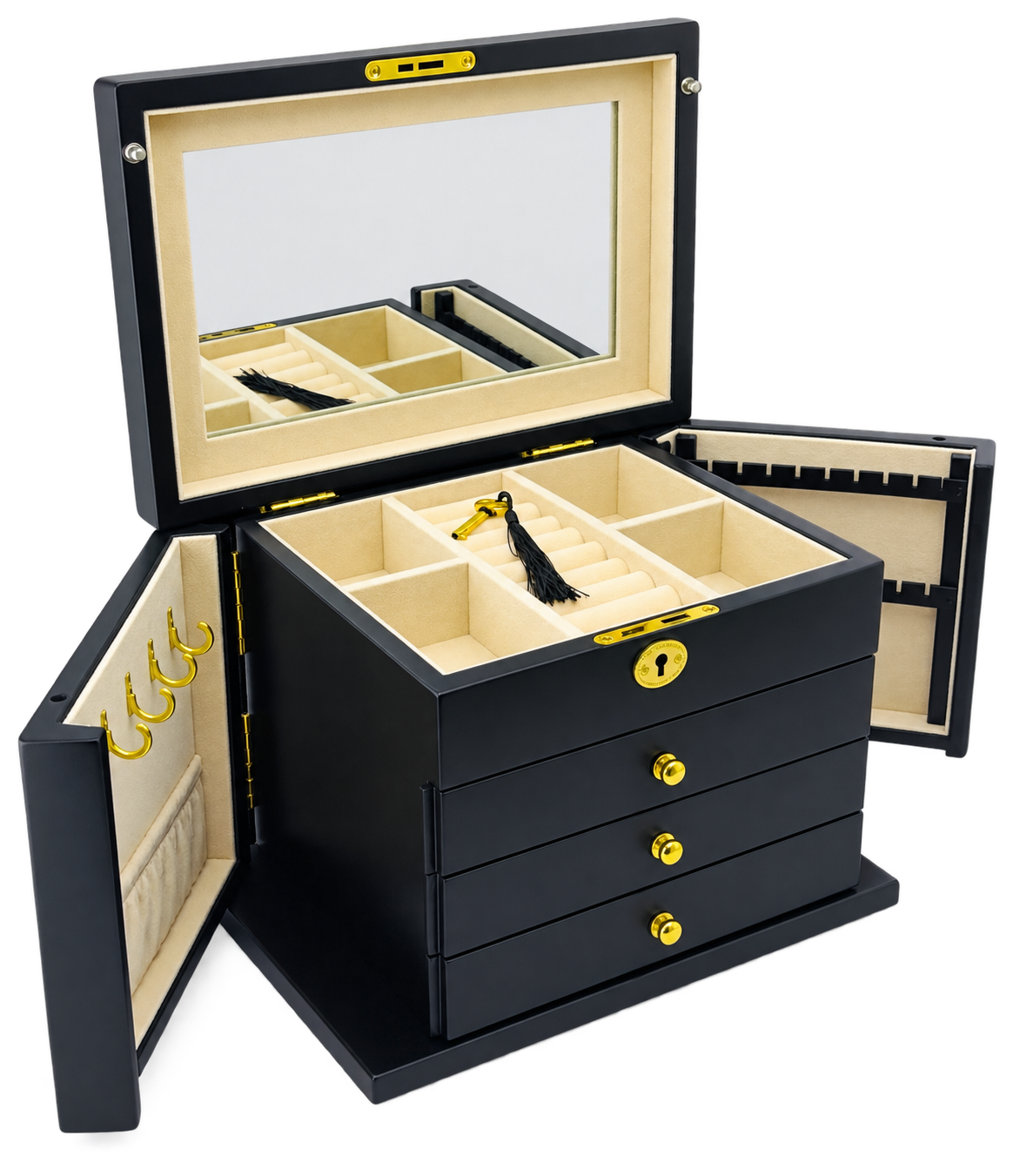 Harrowdene® Premium Edition Matte Black Jewellery Box with Side Panels 28.5cm