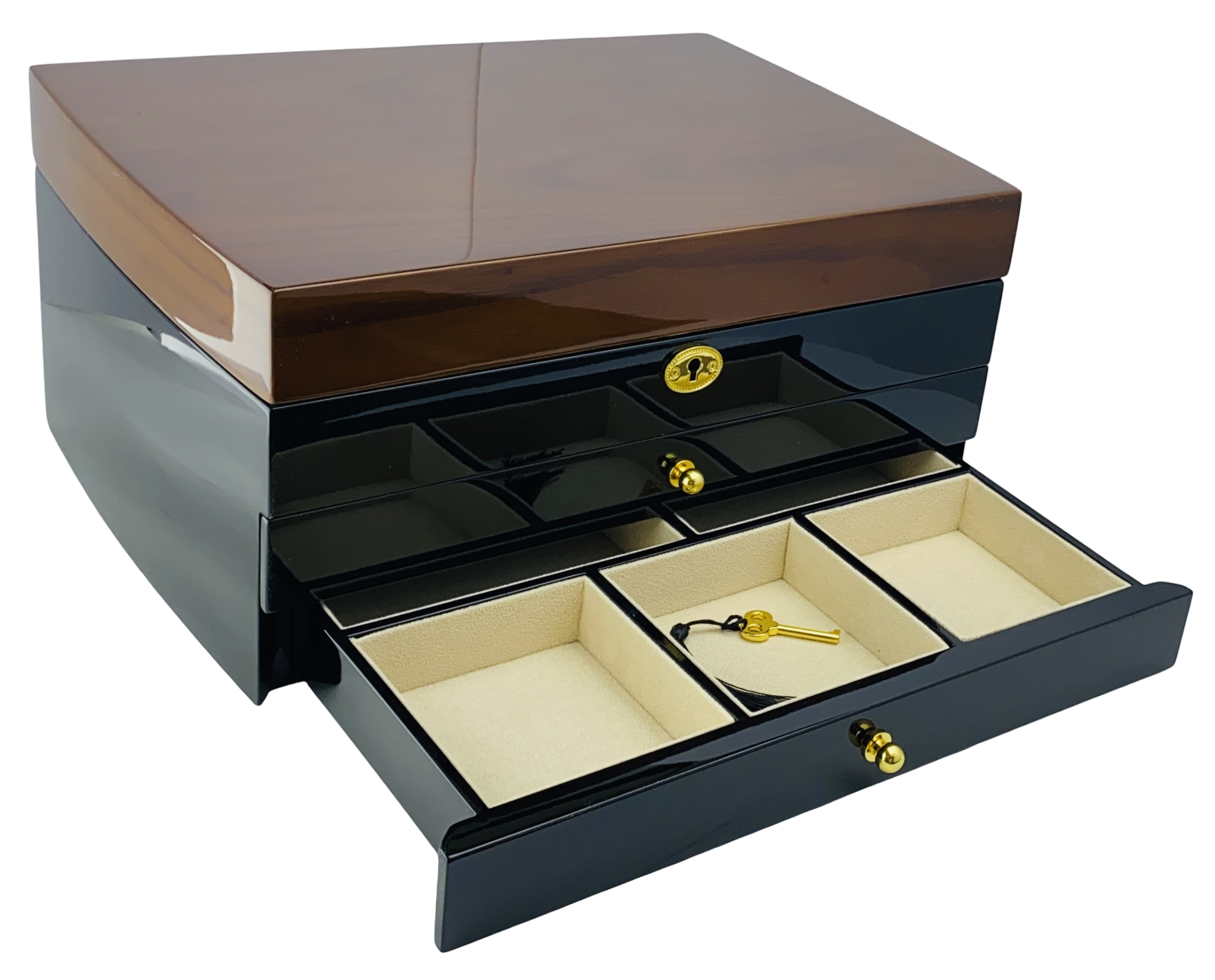 NEW Black and Solid Walnut Finish High Gloss 2-Drawer Wooden Jewellery Box L35cm
