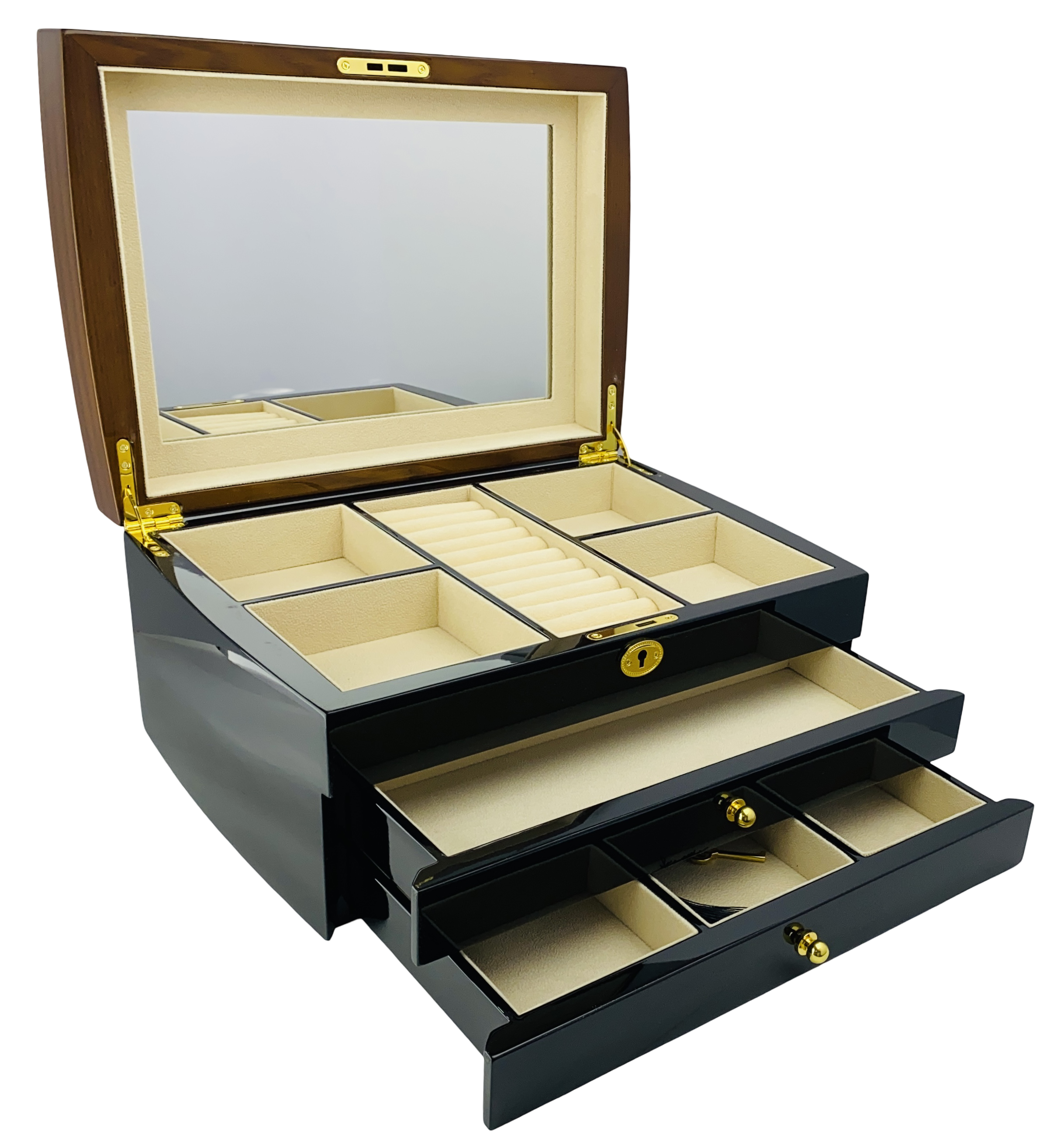 NEW Black and Solid Walnut Finish High Gloss 2-Drawer Wooden Jewellery Box L35cm
