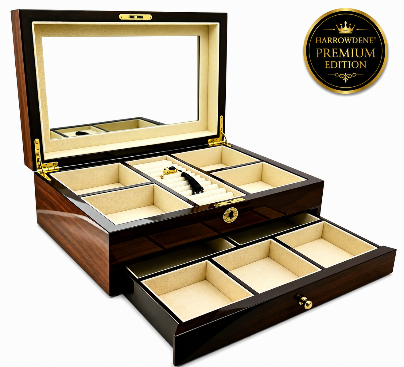 Harrowdene® Premium  Edition  European Walnut High Gloss Jewellery Box 1-Drawer 32cm