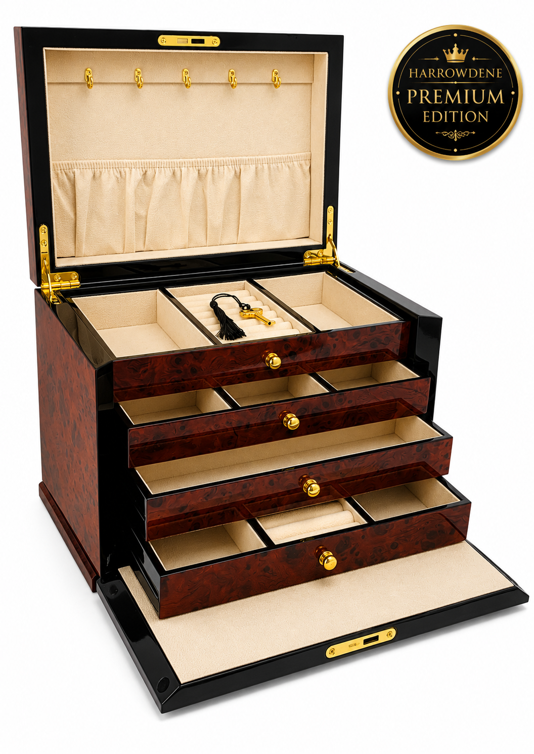 Harrowdene® Premium Edition Maple Burl & Black High Gloss Jewellery Box 28cm