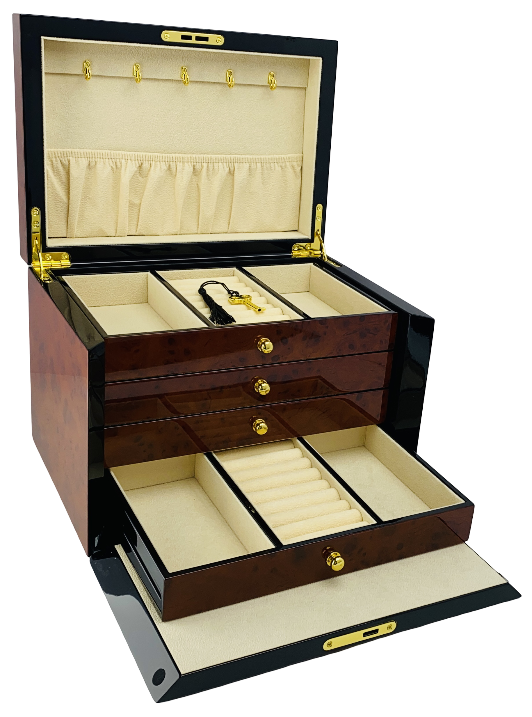 NEW Maple Burl & Black High Gloss Wood Jewellery Box L28cm