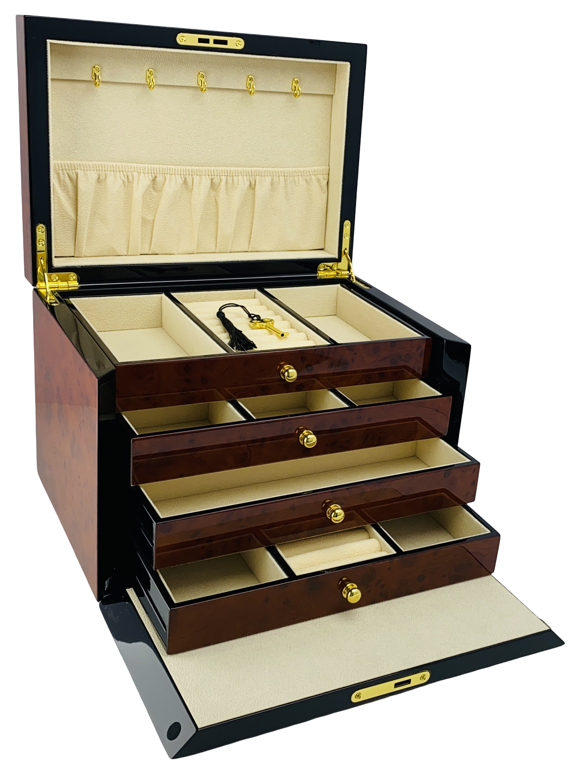 NEW Maple Burl & Black High Gloss Wood Jewellery Box L28cm