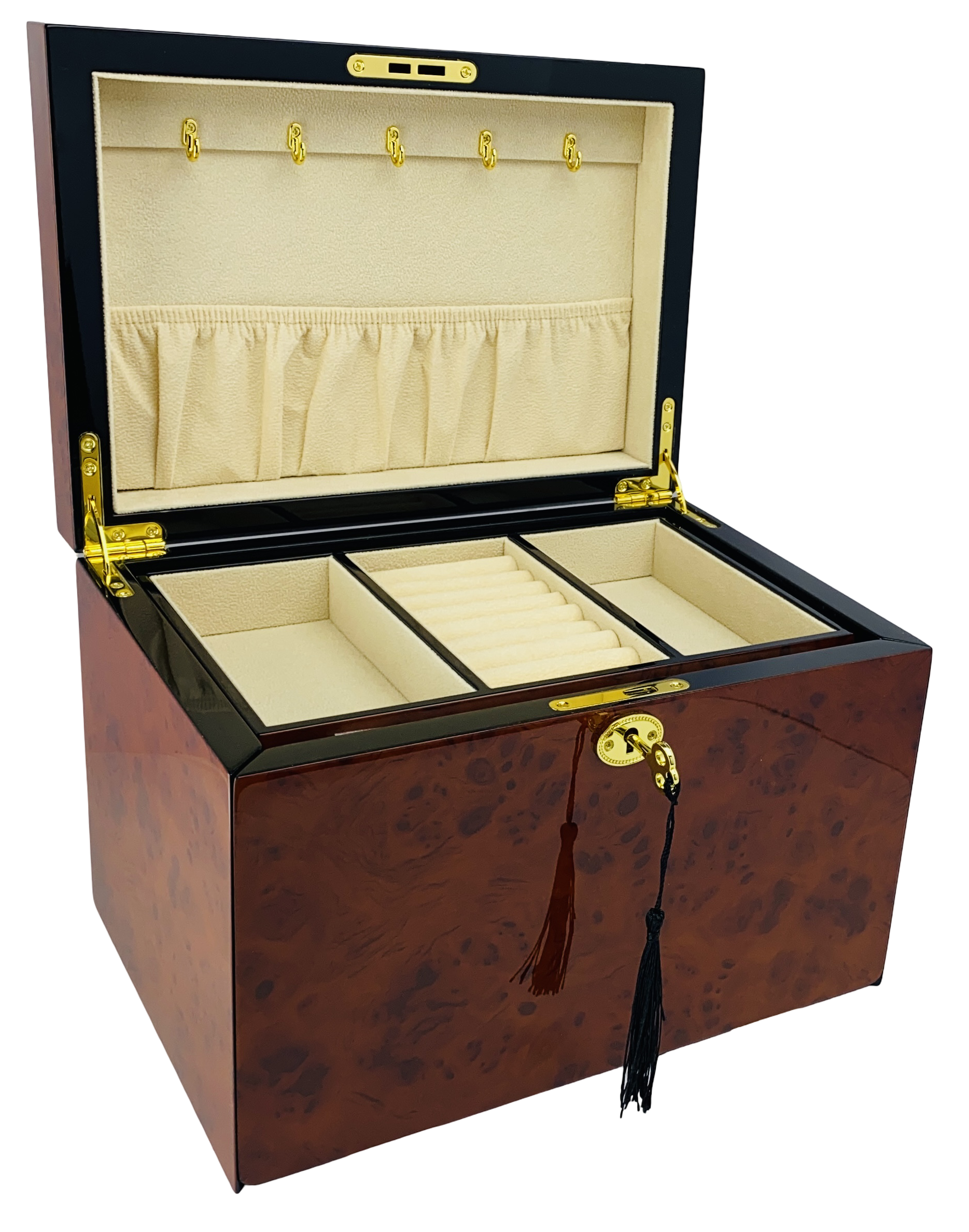 NEW Maple Burl & Black High Gloss Wood Jewellery Box L28cm