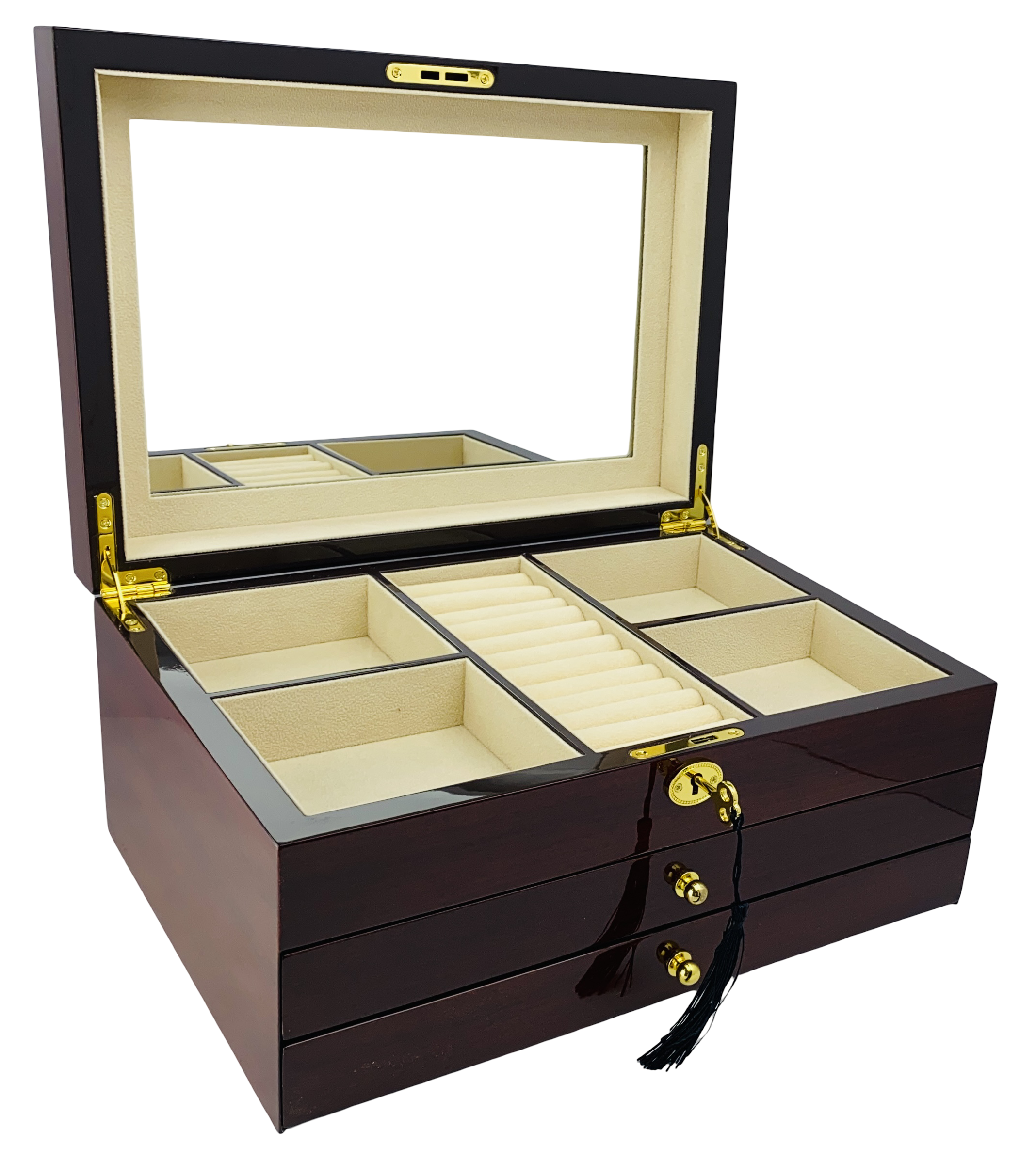 NEW Mahogany High Gloss 2-Drawer Wooden Jewellery Box L35cm