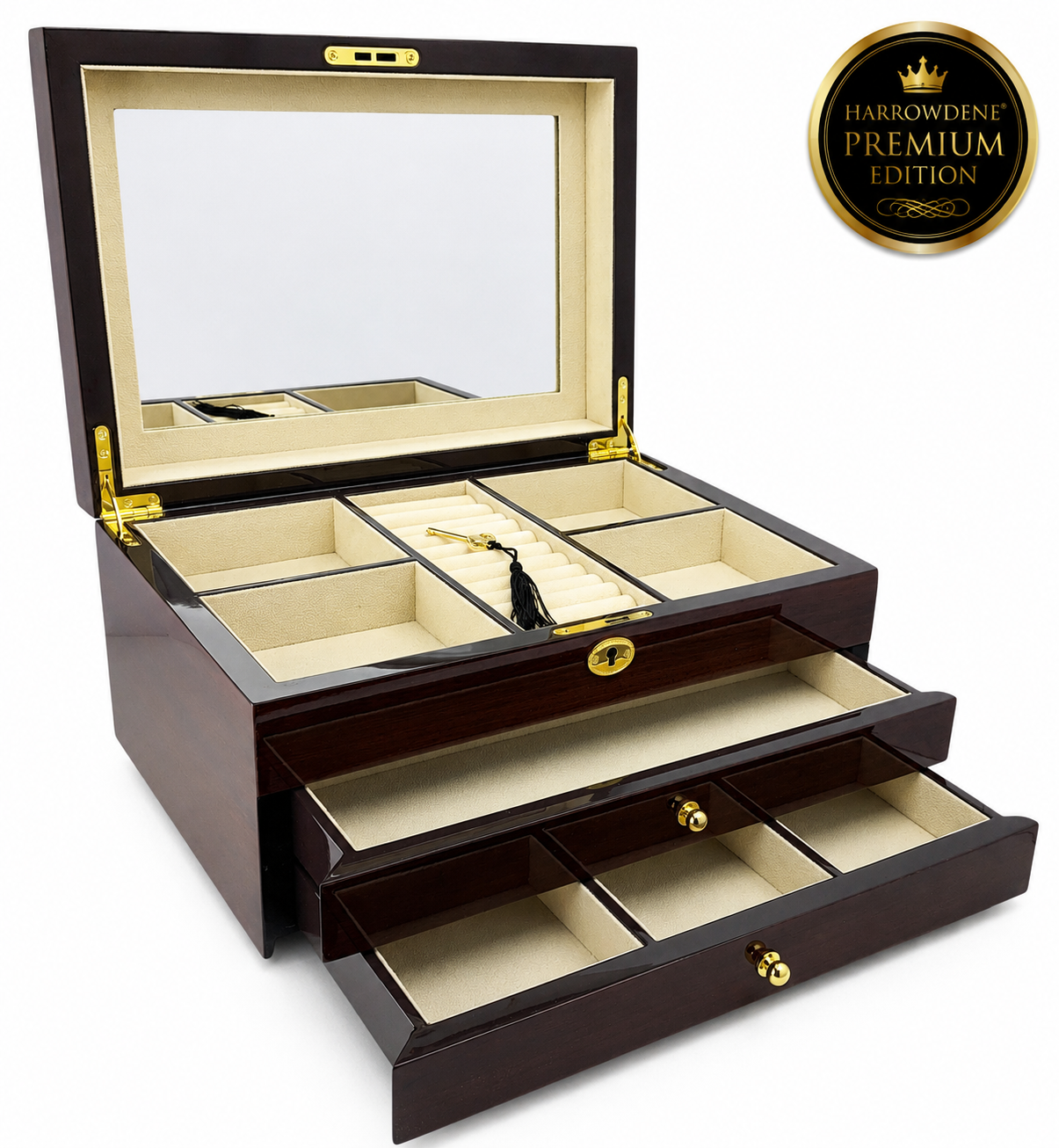 Harrowdene® Premium  Edition Mahogany High Gloss Jewellery Box 2-Drawer 35cm