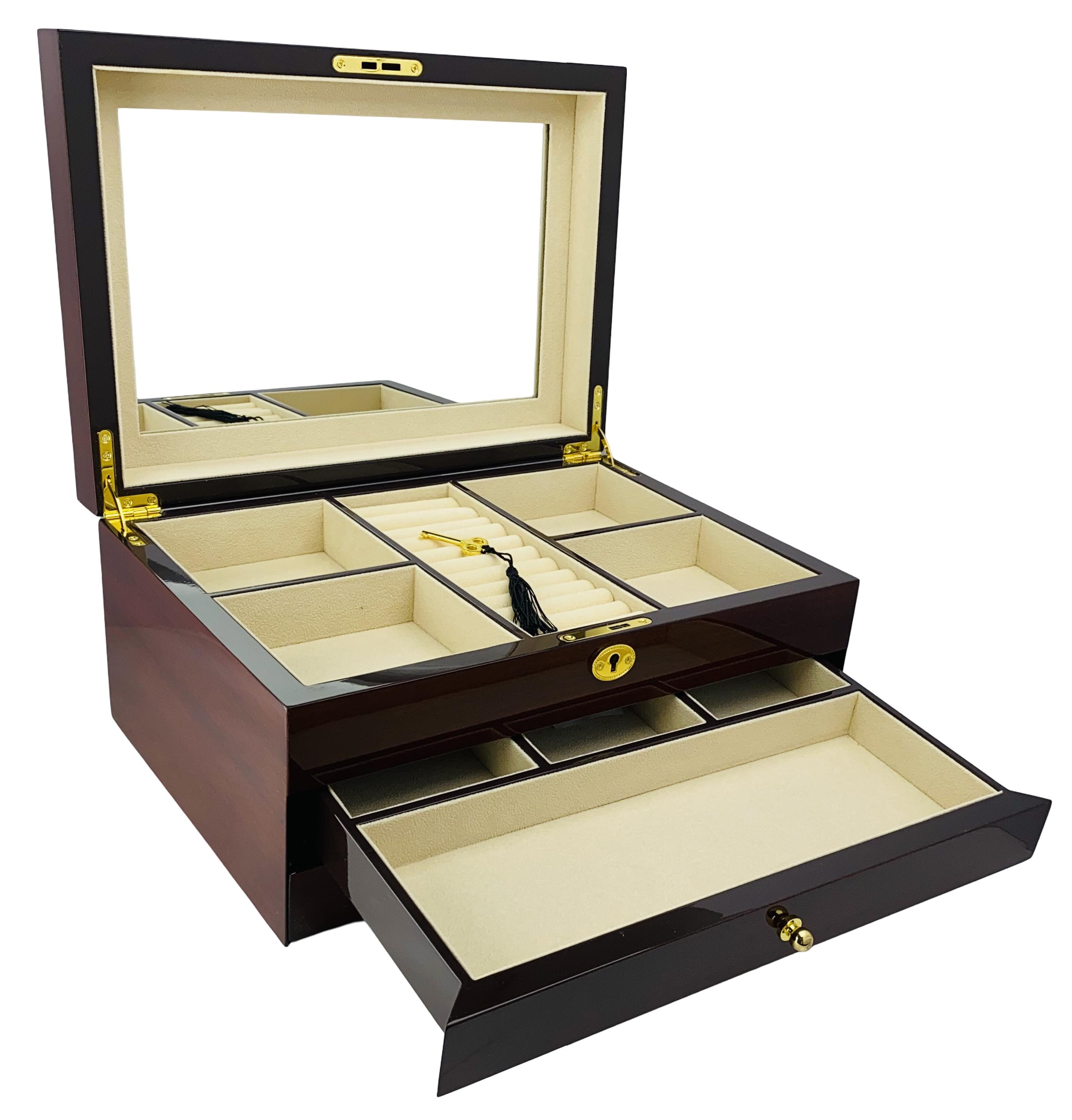 NEW Mahogany High Gloss 2-Drawer Wooden Jewellery Box L35cm