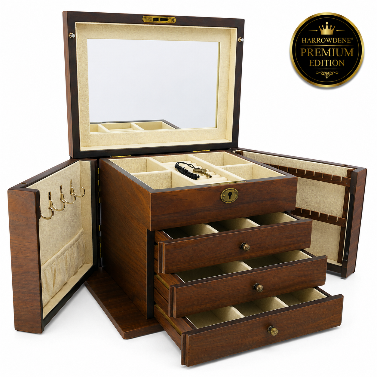 Harrowdene® Premium Edition European Walnut Matte Jewellery Box with Side Panels 29cm