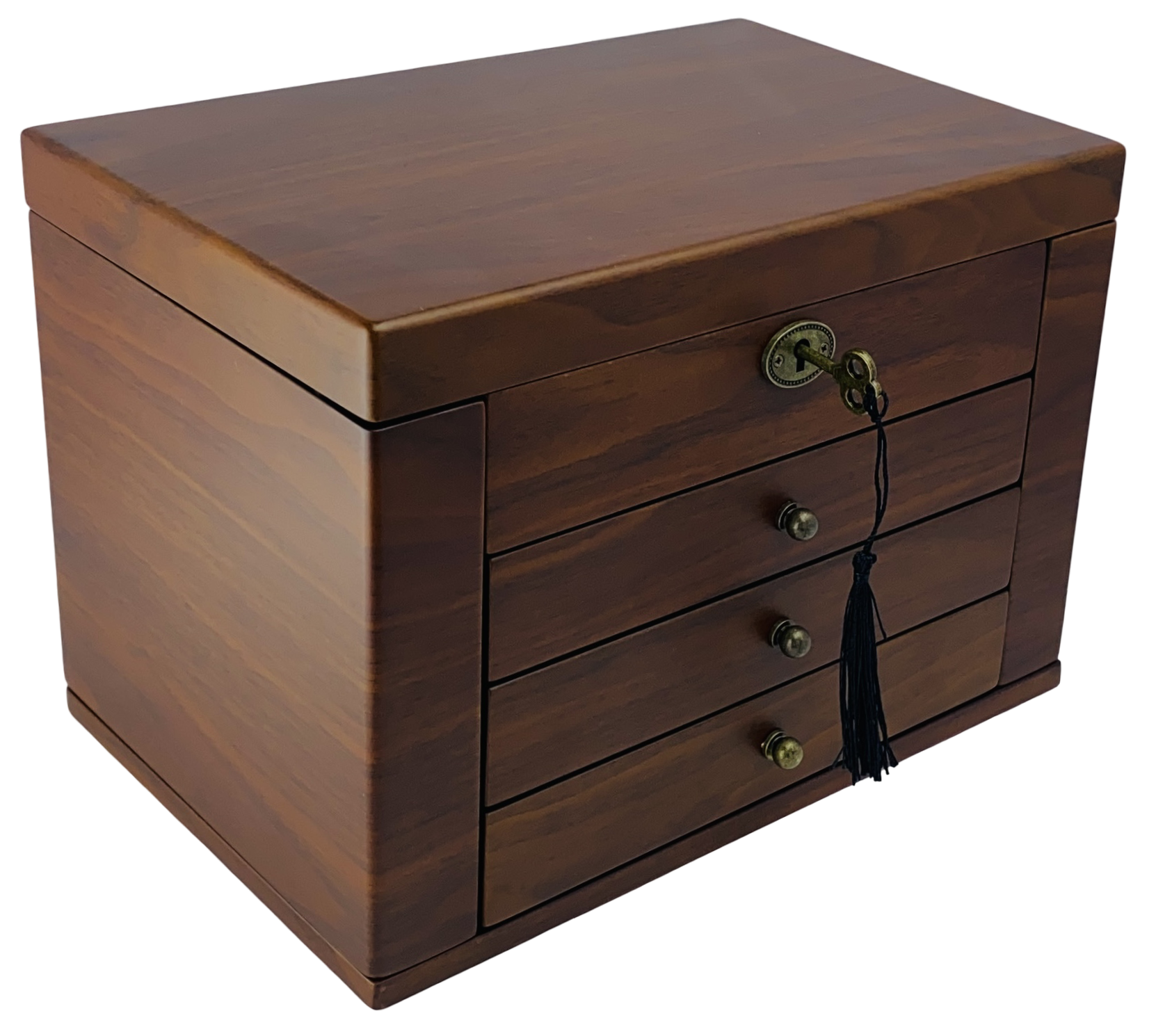 NEW European Walnut Matte Finish Wood Jewellery Box with Side Panels, Length 29cm