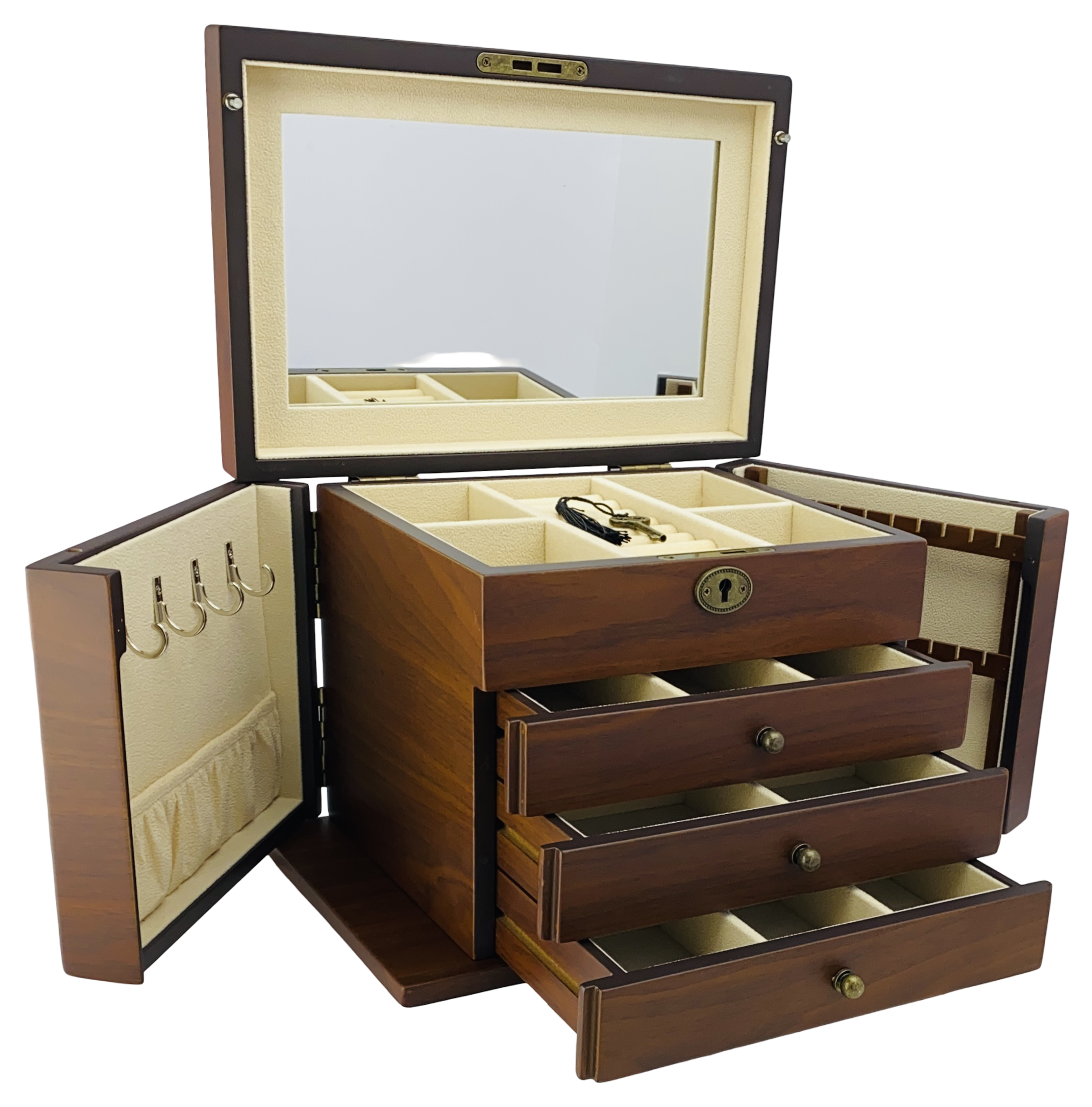 NEW European Walnut Matte Finish Wood Jewellery Box with Side Panels, Length 29cm