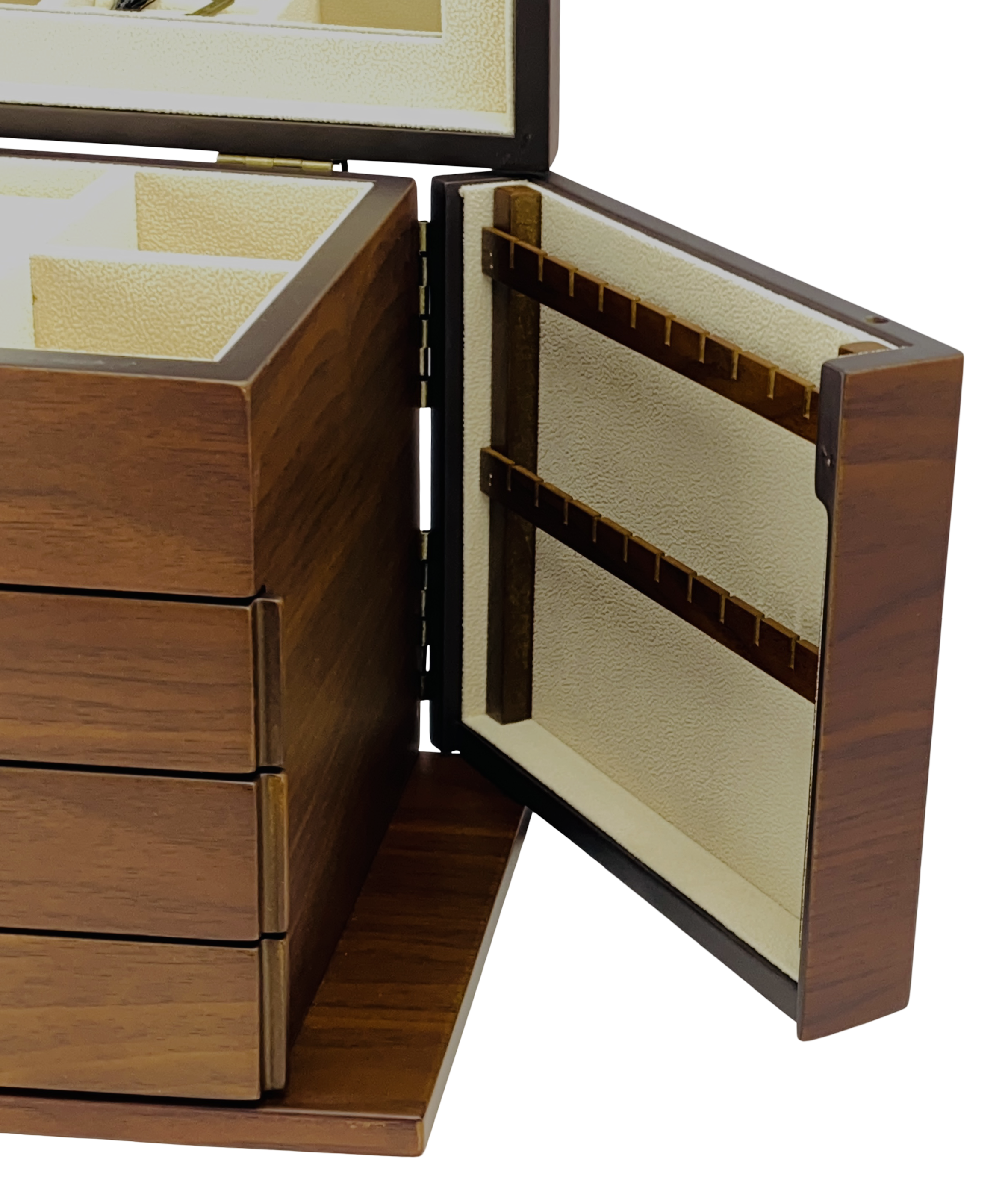 NEW European Walnut Matte Finish Wood Jewellery Box with Side Panels, Length 29cm