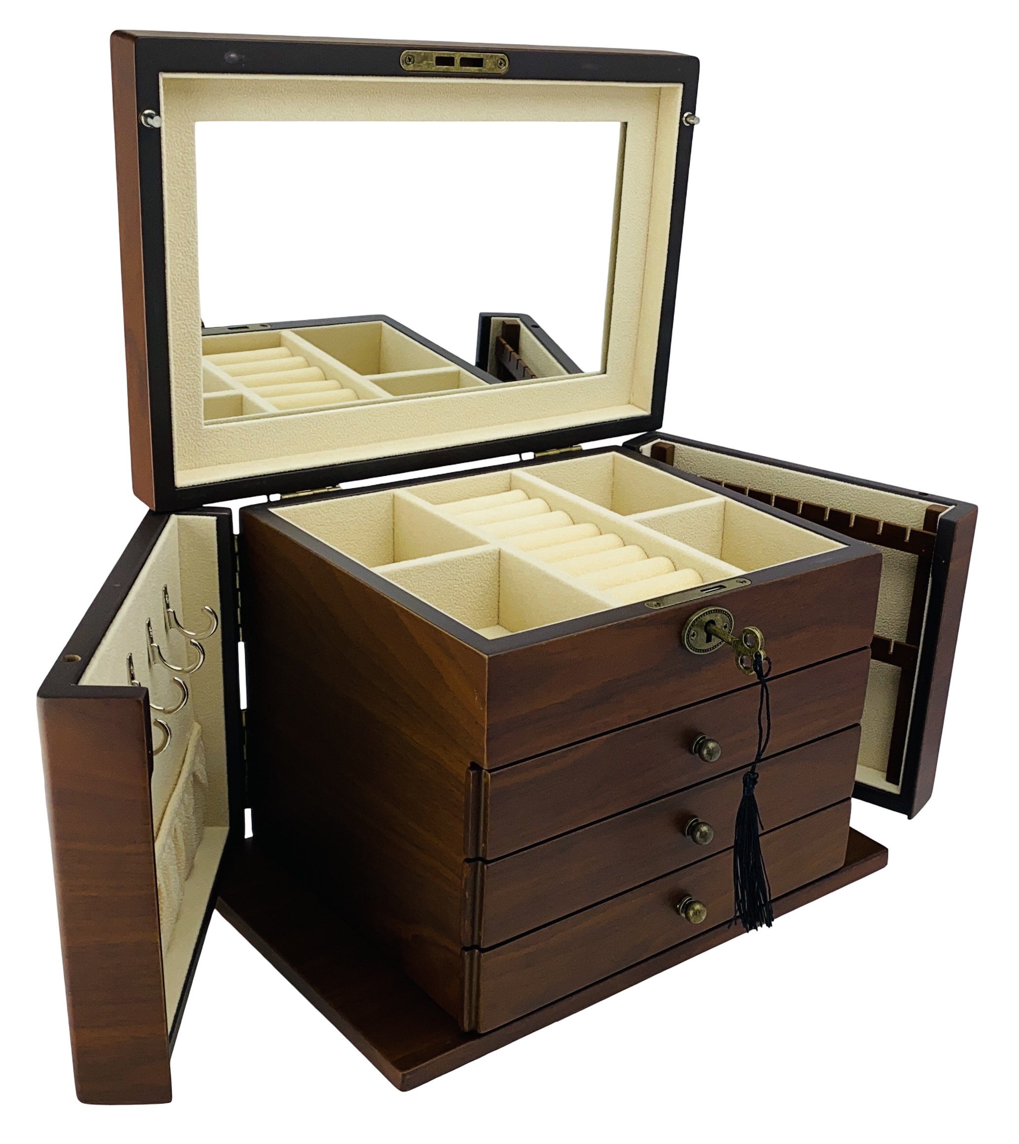 NEW European Walnut Matte Finish Wood Jewellery Box with Side Panels, Length 29cm