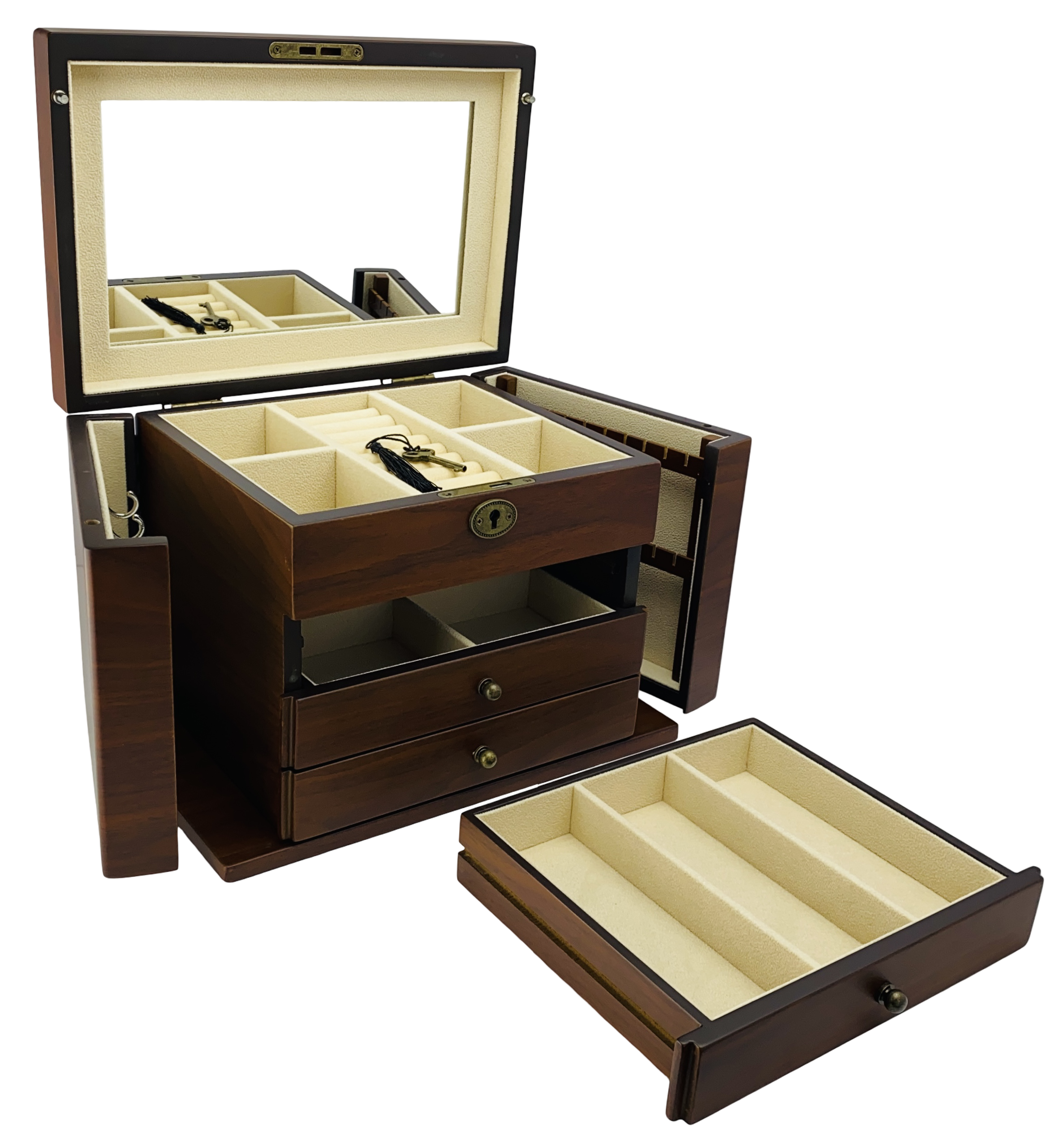 NEW European Walnut Matte Finish Wood Jewellery Box with Side Panels, Length 29cm