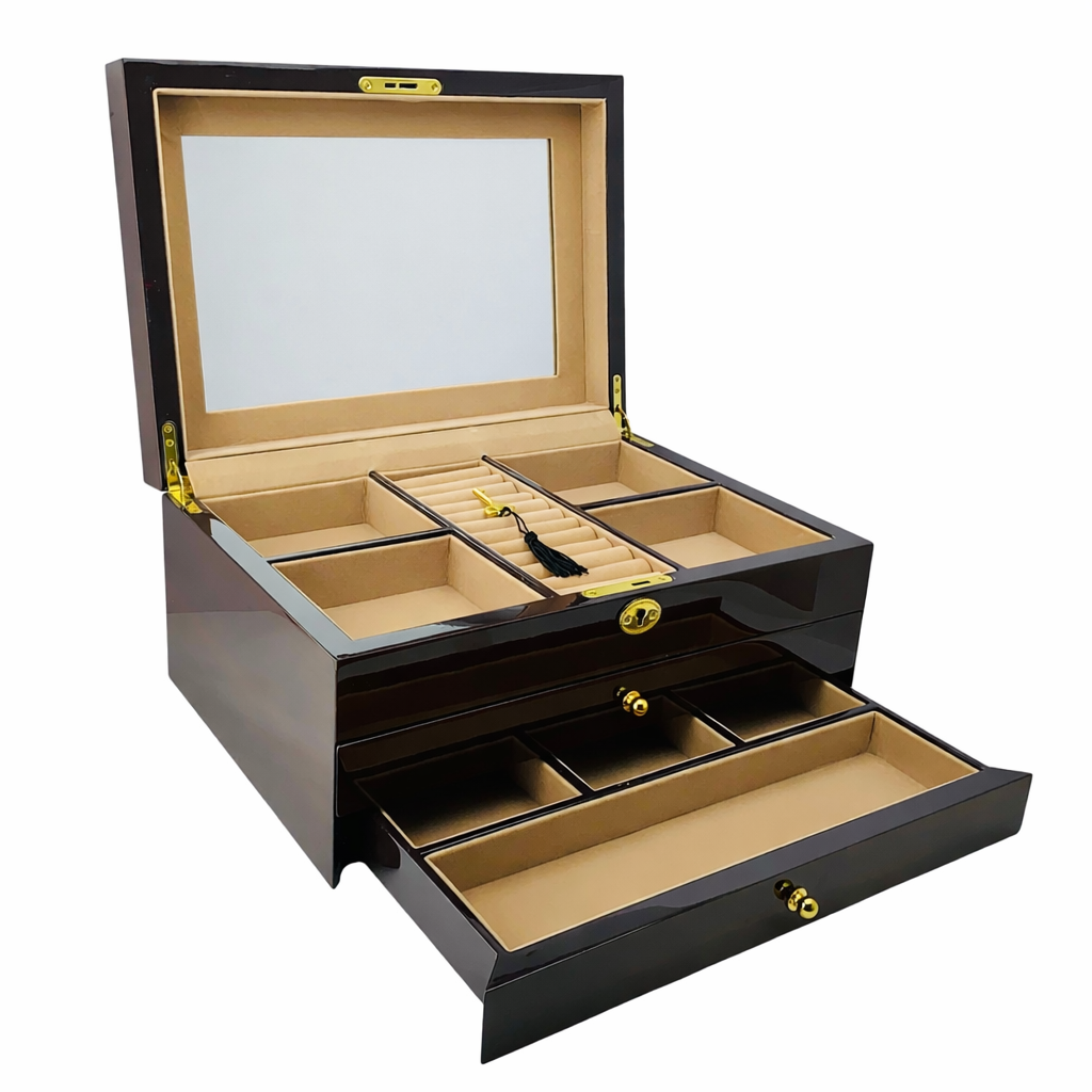 Harrowdene European Walnut High Gloss Jewellery Box 2-Drawer 35cm