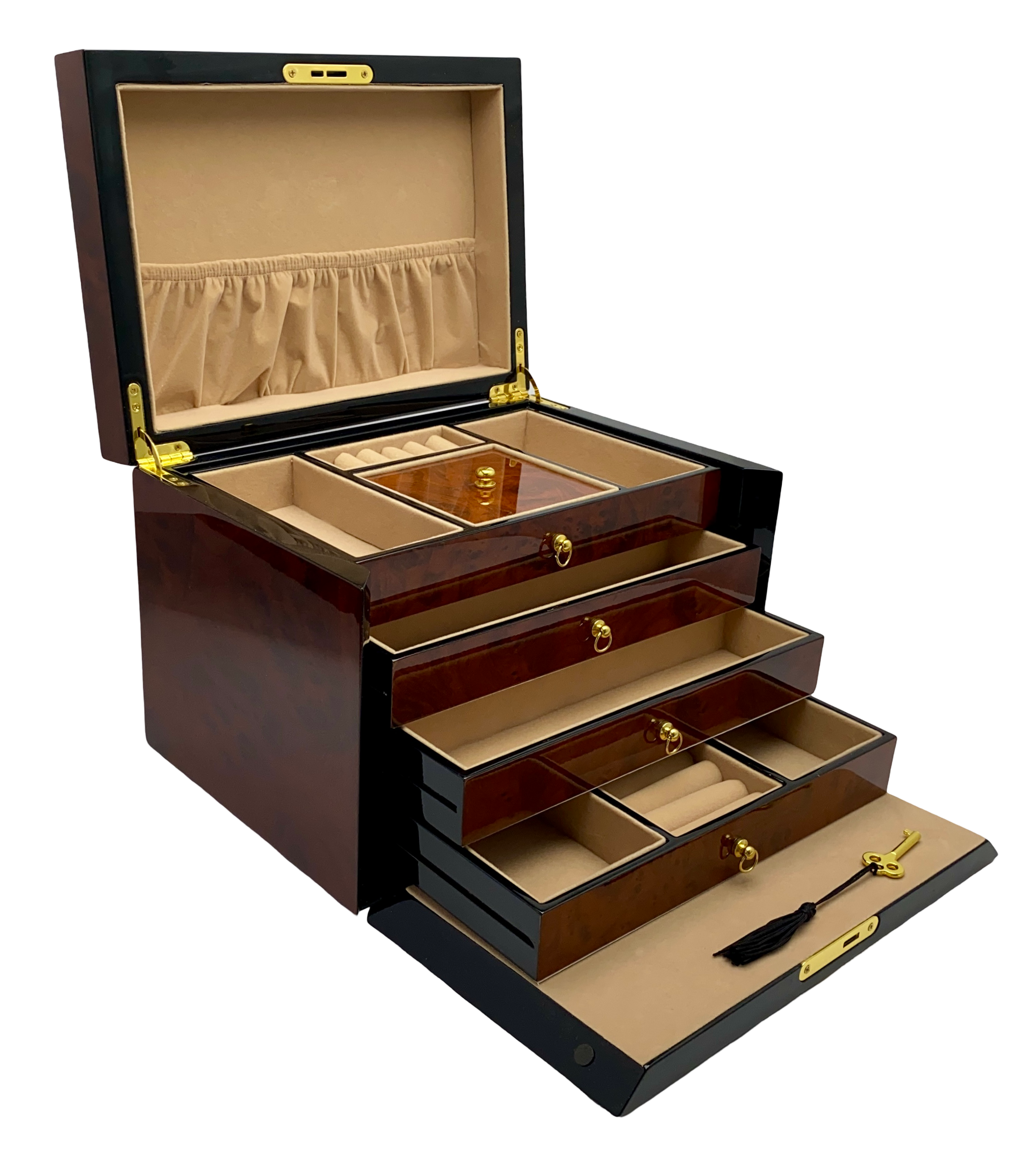 Maple Burl & Black High Gloss Wood Jewellery Box L28cm