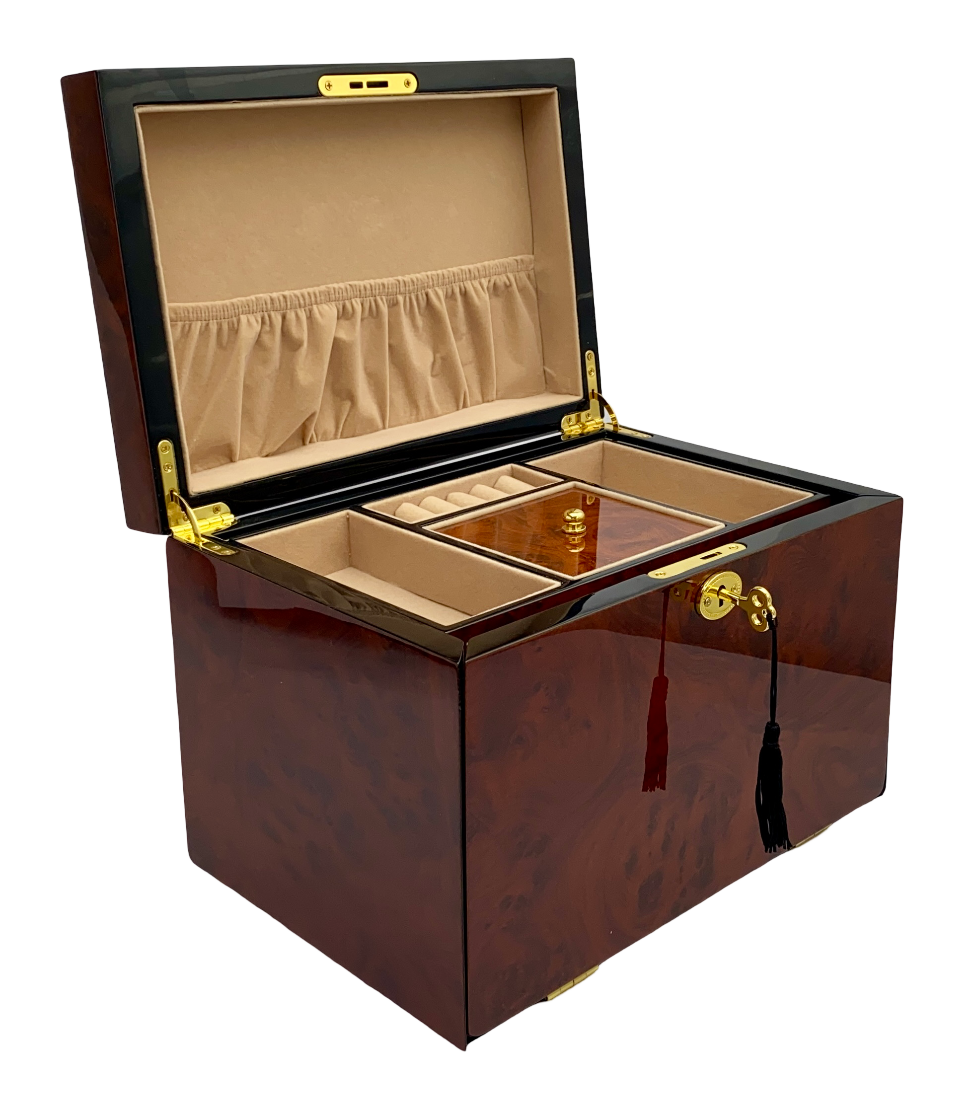 Maple Burl & Black High Gloss Wood Jewellery Box L28cm