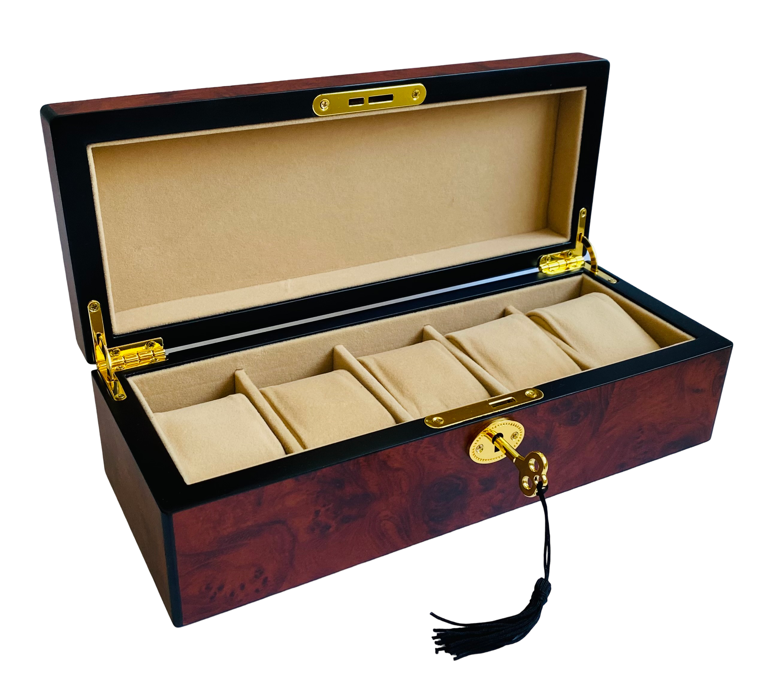 Maple Burl & Black Matte Key Lock 5-Watch Box L28cm