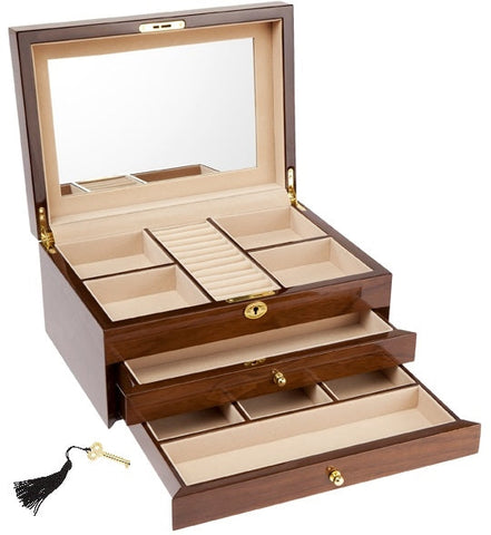 European Walnut  High Gloss Wooden Jewellery Box, Length 38cm